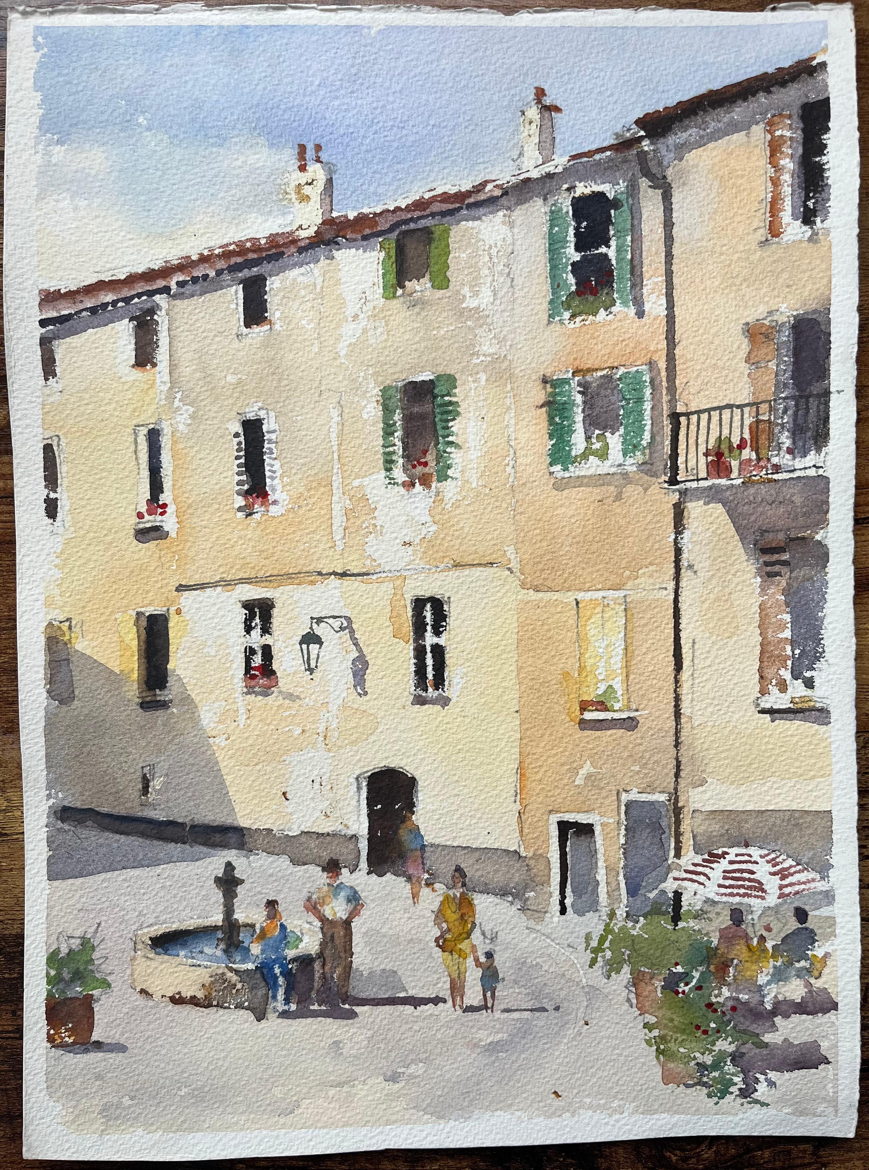 Acquerello inglese di un cortile mediterraneo illuminato dal sole con figure e fontana - Painting di Anthony Avery
