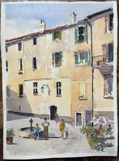 Acquerello inglese di un cortile mediterraneo illuminato dal sole con figure e fontana