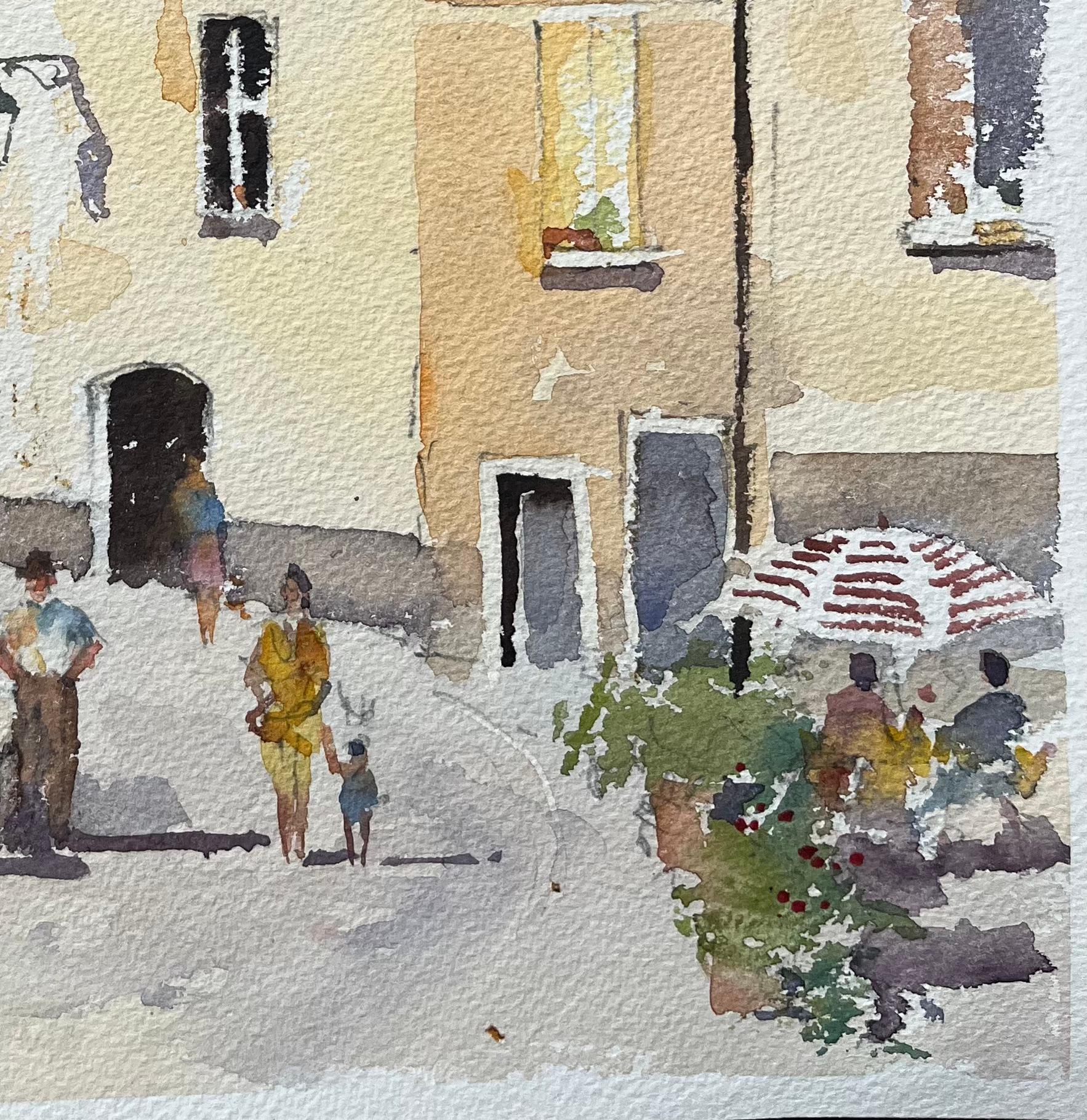 Acquerello inglese di un cortile mediterraneo illuminato dal sole con figure e fontana - Painting Impressionismo di Anthony Avery