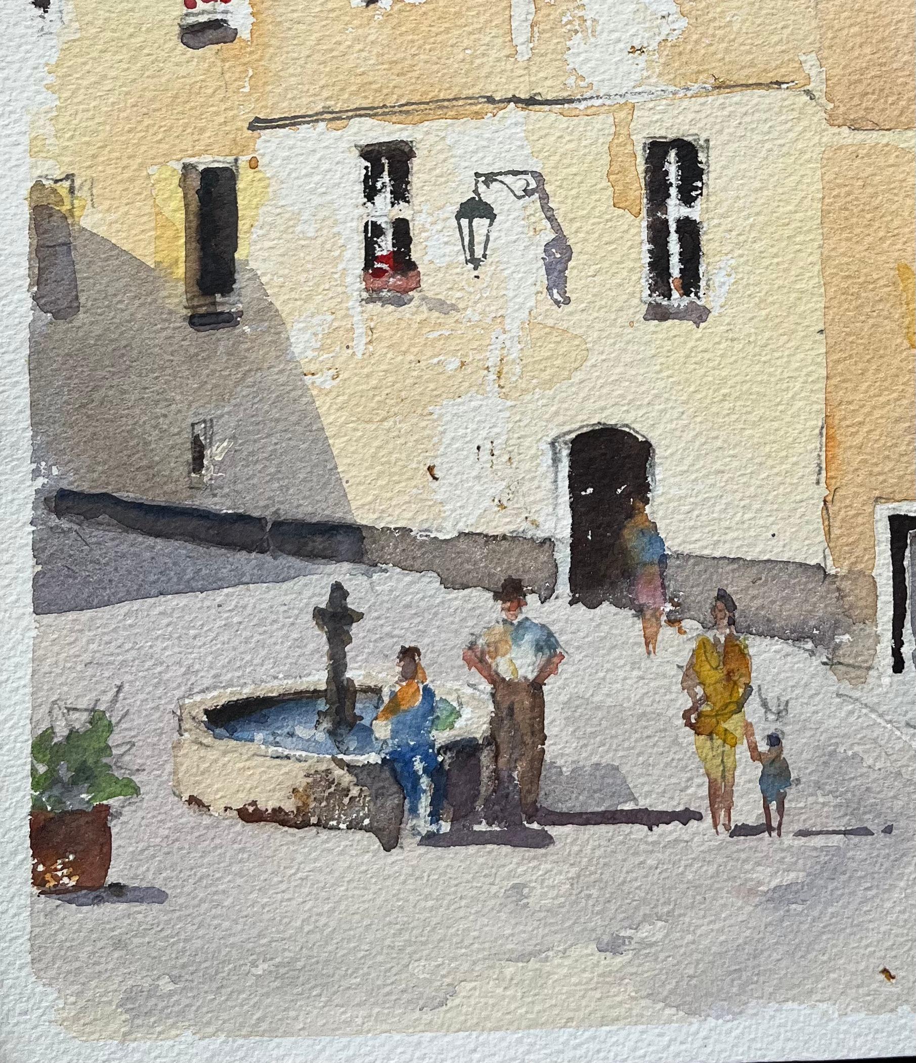 Acquerello inglese di un cortile mediterraneo illuminato dal sole con figure e fontana - Landscape Painting Grigio di Anthony Avery
