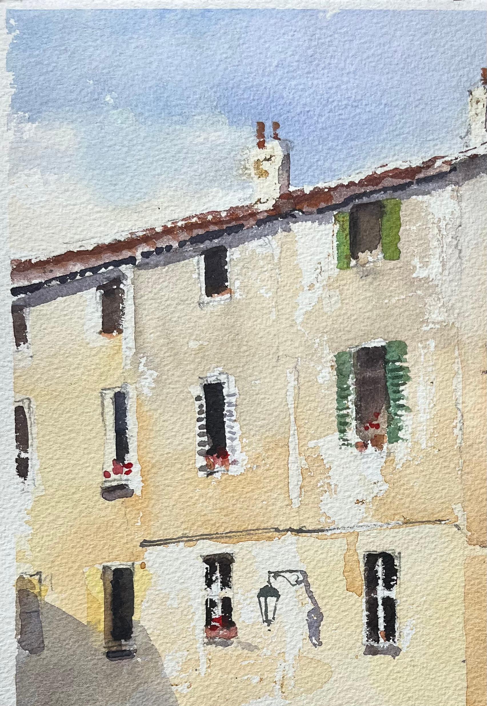 Acquerello inglese di un cortile mediterraneo illuminato dal sole con figure e fontana in vendita 1