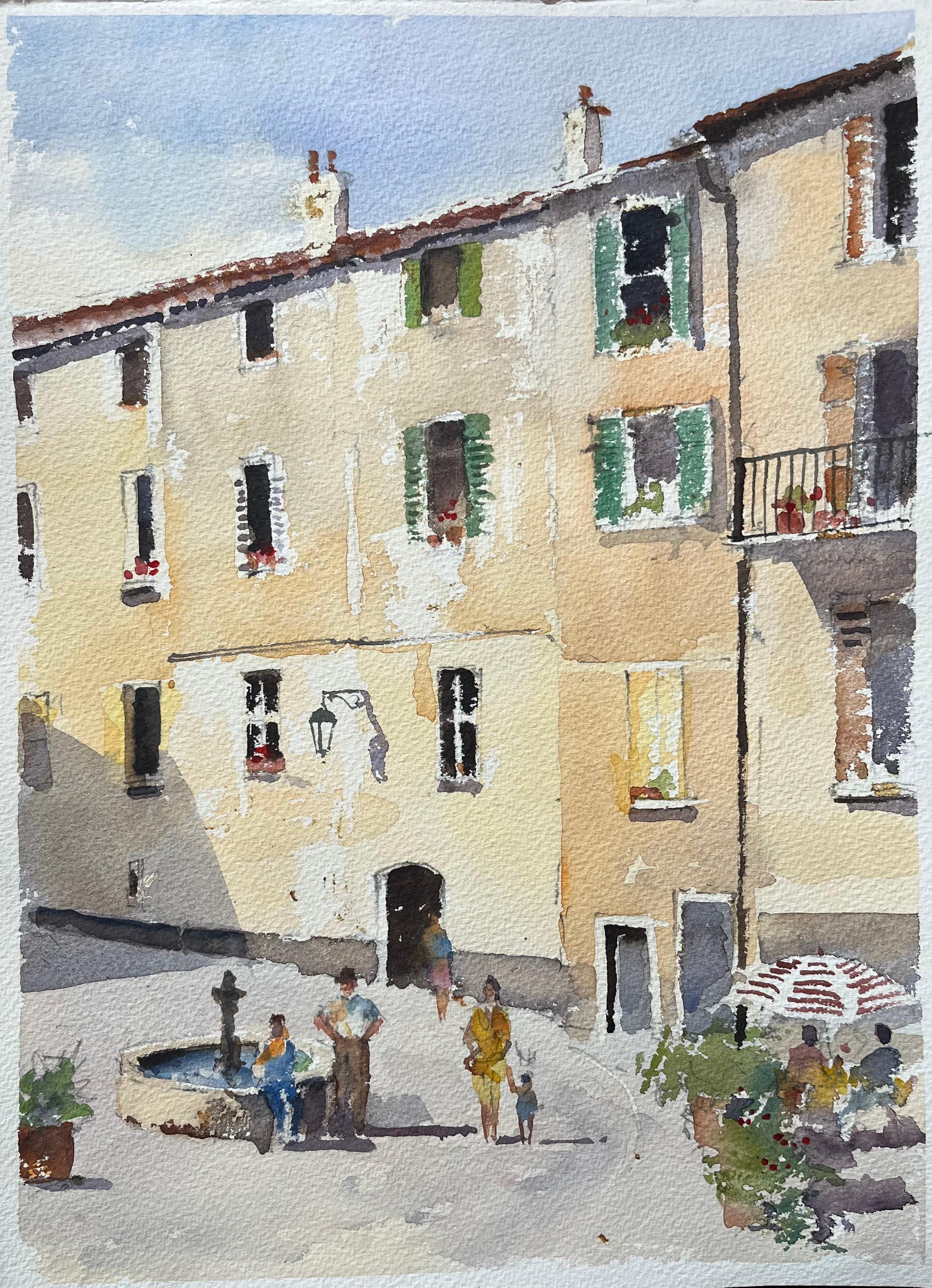 Landscape Painting di Anthony Avery - Acquerello inglese di un cortile mediterraneo illuminato dal sole con figure e fontana
