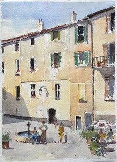 Britisches Aquarell eines sonnenbeschienenen Mittelmeerraums mit Figuren und Brunnen