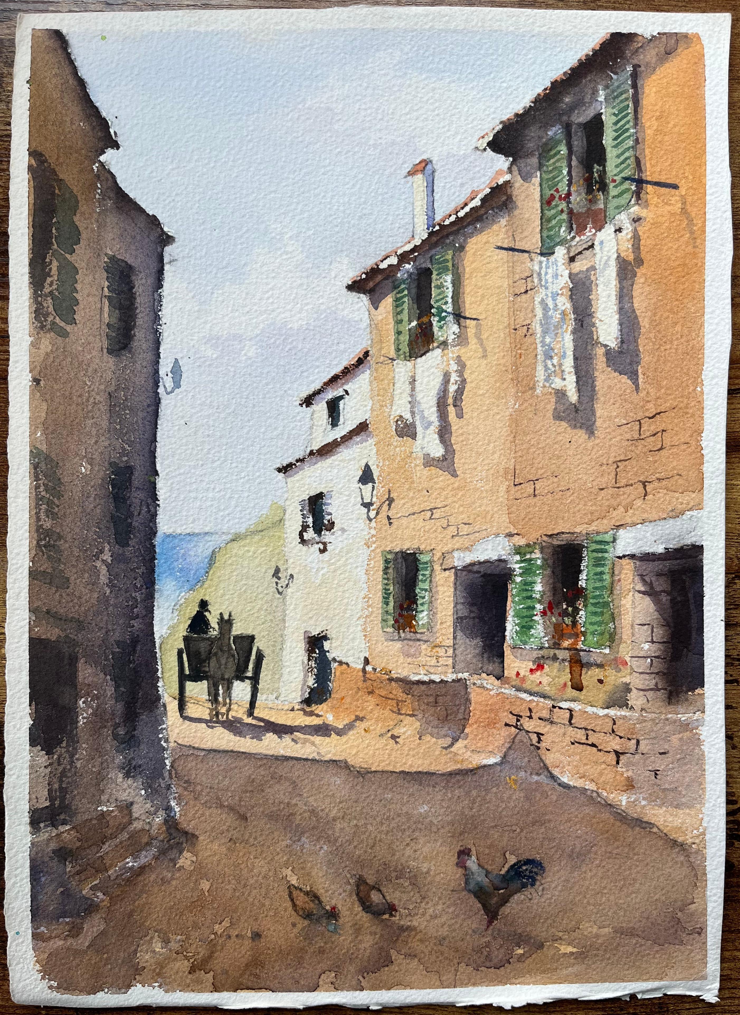 Aquarelle britannique d'une scène de village ensoleillée avec cheval, charrette et poules - Painting de Anthony Avery