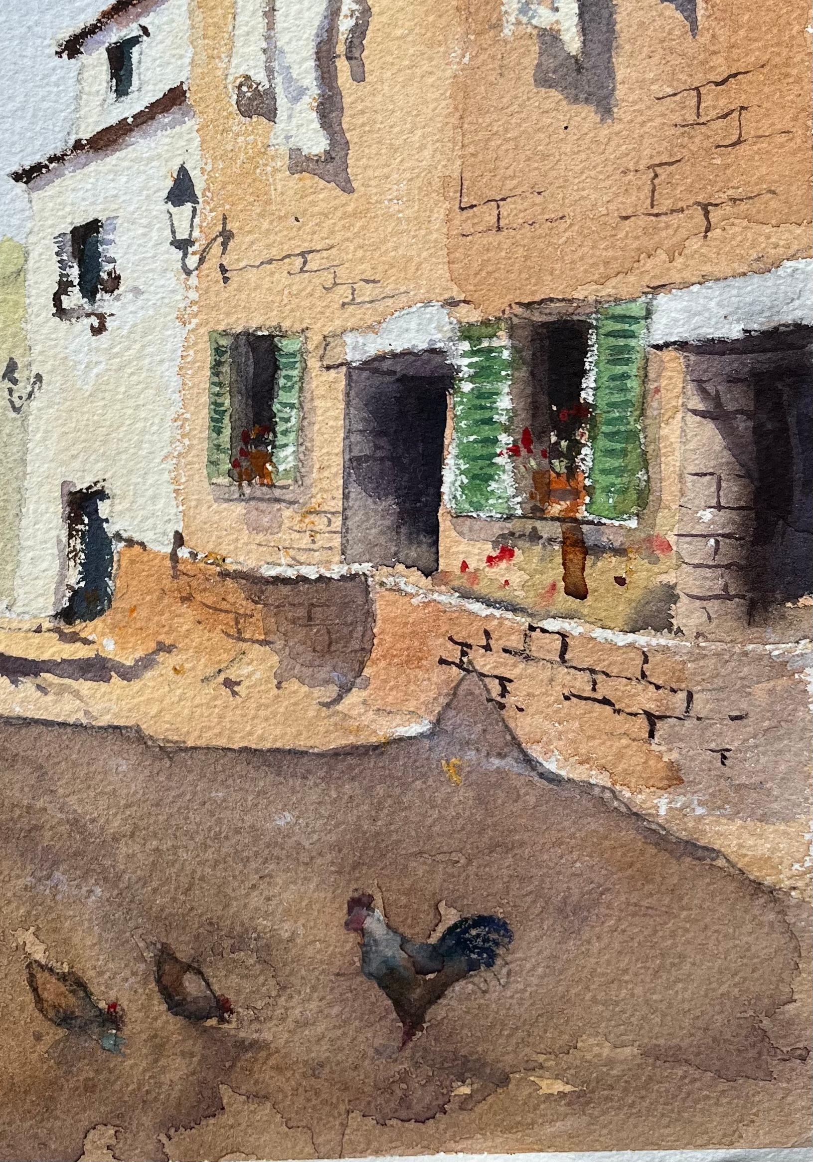 Aquarelle britannique d'une scène de village ensoleillée avec cheval, charrette et poules - Impressionnisme Painting par Anthony Avery