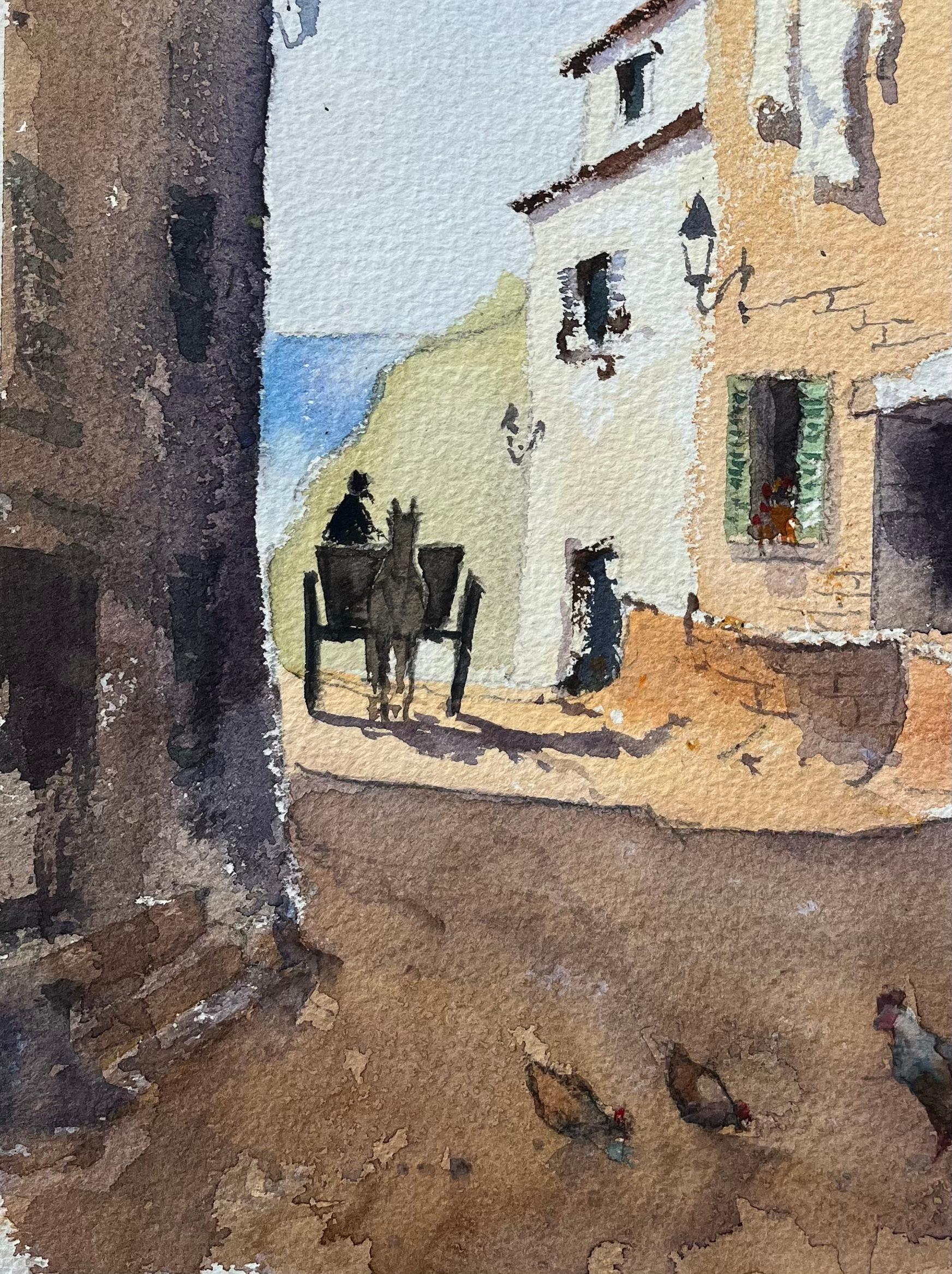 Titre : Aquarelle britannique d'une scène de village ensoleillée avec cheval, charrette et poulets
Par Anthony Avery (britannique 1946-2023)
Aquarelle originale sur papier d'artiste, non encadrée
Dimensions : 15.25 x 11 pouces (hauteur x