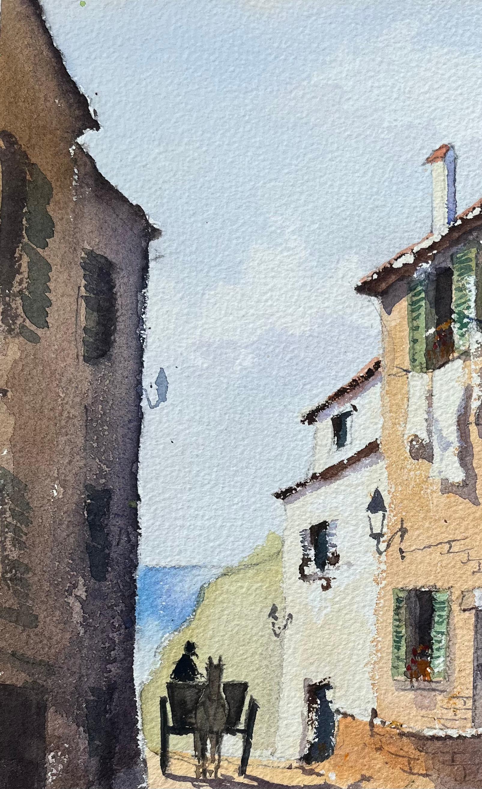Aquarelle britannique d'une scène de village ensoleillée avec cheval, charrette et poules en vente 1