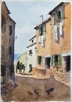 Britisches Aquarell einer sonnenbeschienenen Dorfszene mit Pferd undwagen und Hühnern, Britisch