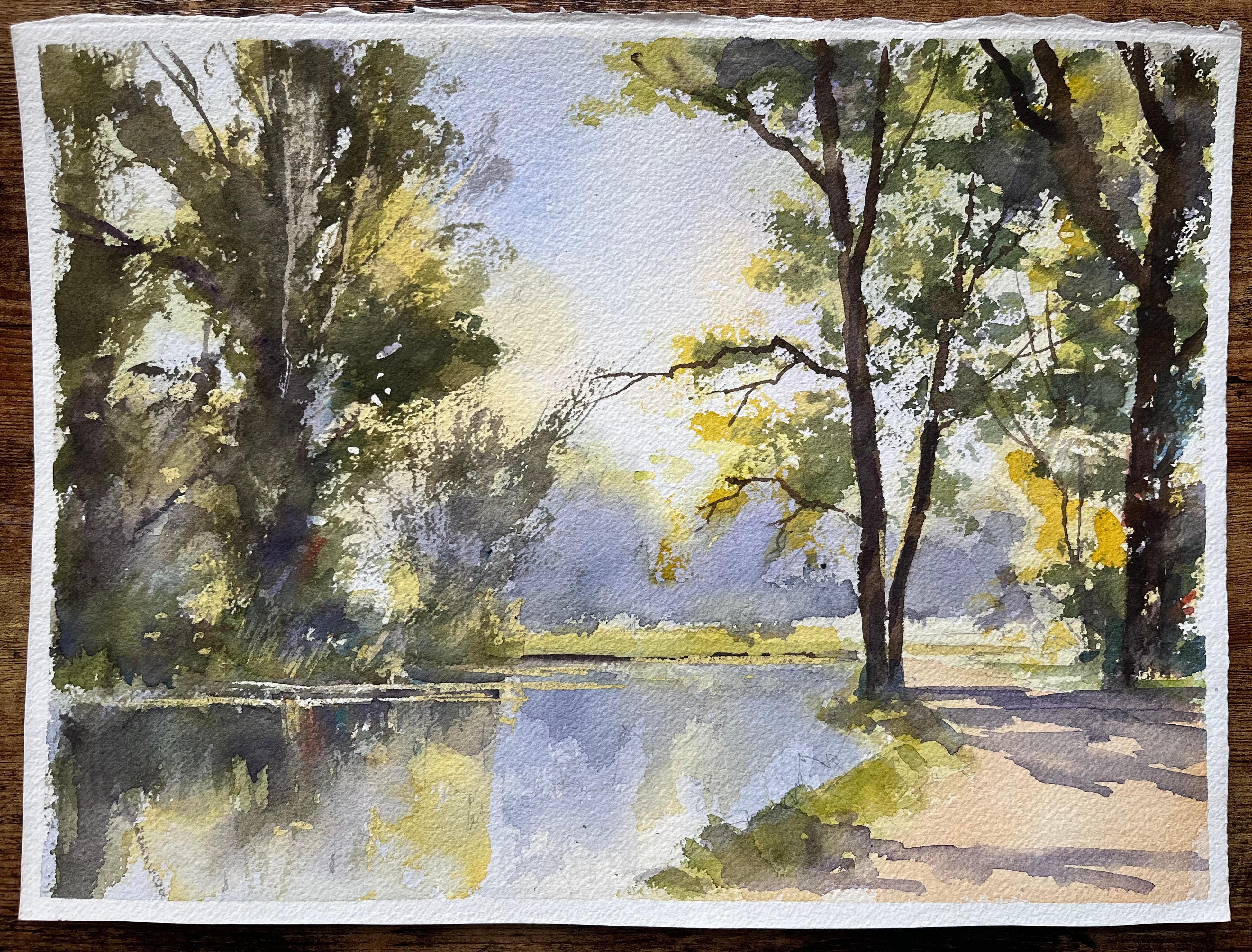 British Watercolor of a Tranquil Riverside Path with Trees and Reflections - Painting by Anthony Avery