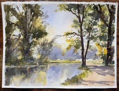 Britisches Aquarell eines Tranquil-Richtungswegs mit Bäumen und Reflexionen