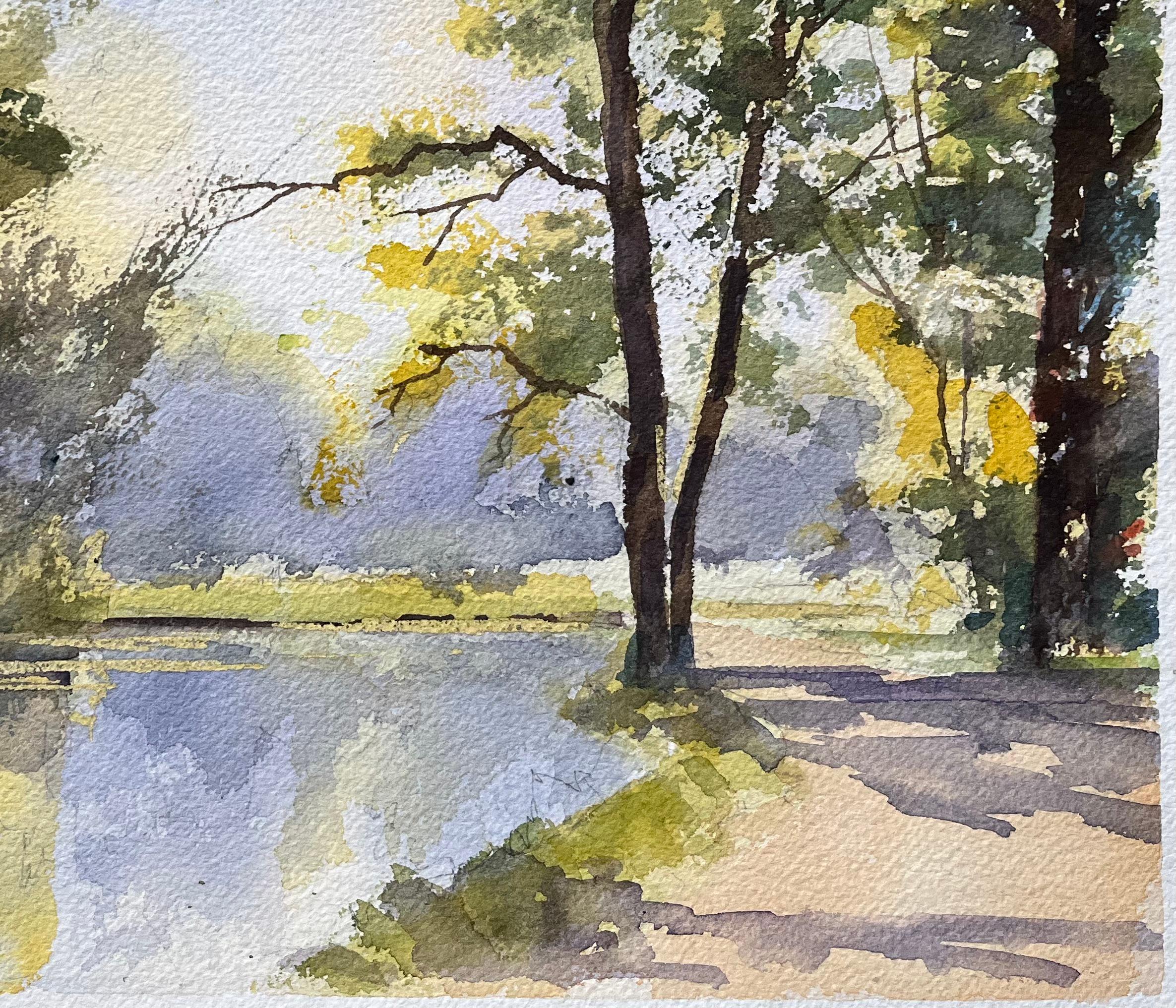 British Watercolor of a Tranquil Riverside Path with Trees and Reflections - Impressionist Painting by Anthony Avery