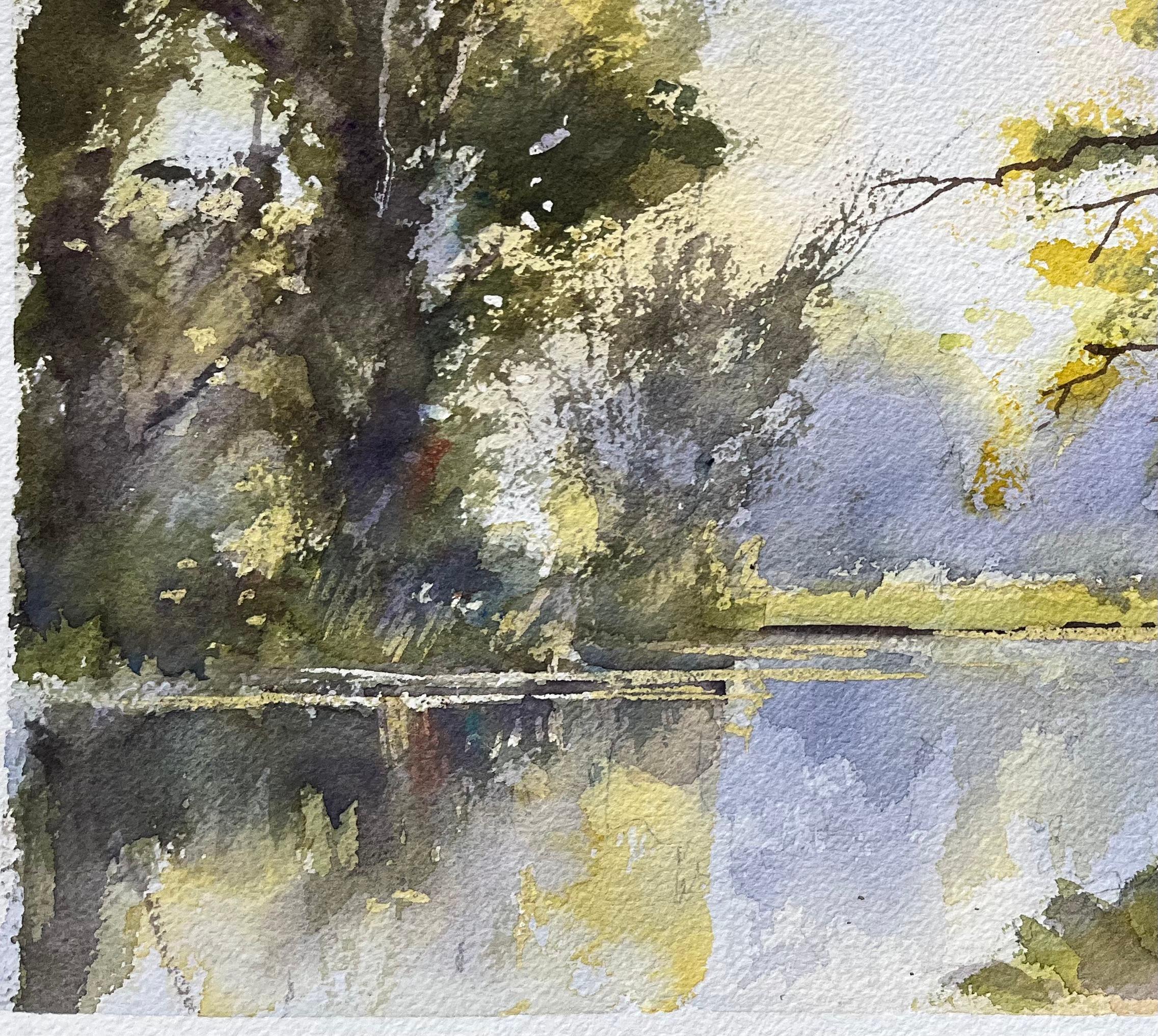 Title: British Watercolor of a Tranquil Riverside Path with Trees and Reflections
By Anthony Avery (British 1946-2023)
Original watercolor on artists paper, unframed
Dimensions: 11.25 x 15 inches (Height x Width)
Condition: Good, with some minor