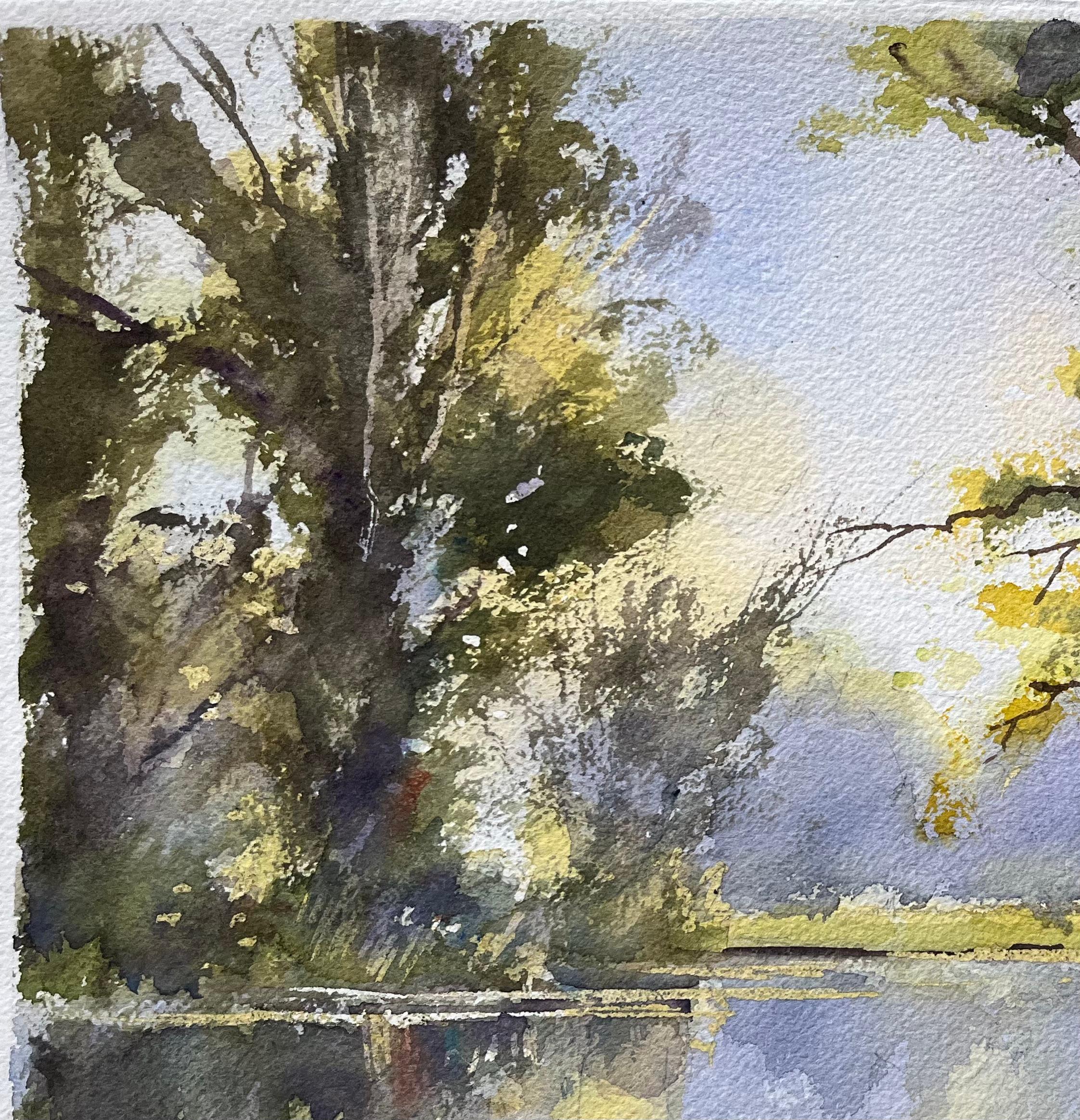 British Watercolor of a Tranquil Riverside Path with Trees and Reflections For Sale 1