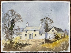 British Watercolor of a White Country Cottage with Autumnal Trees