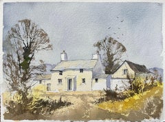 British Watercolor of a White Country Cottage with Autumnal Trees