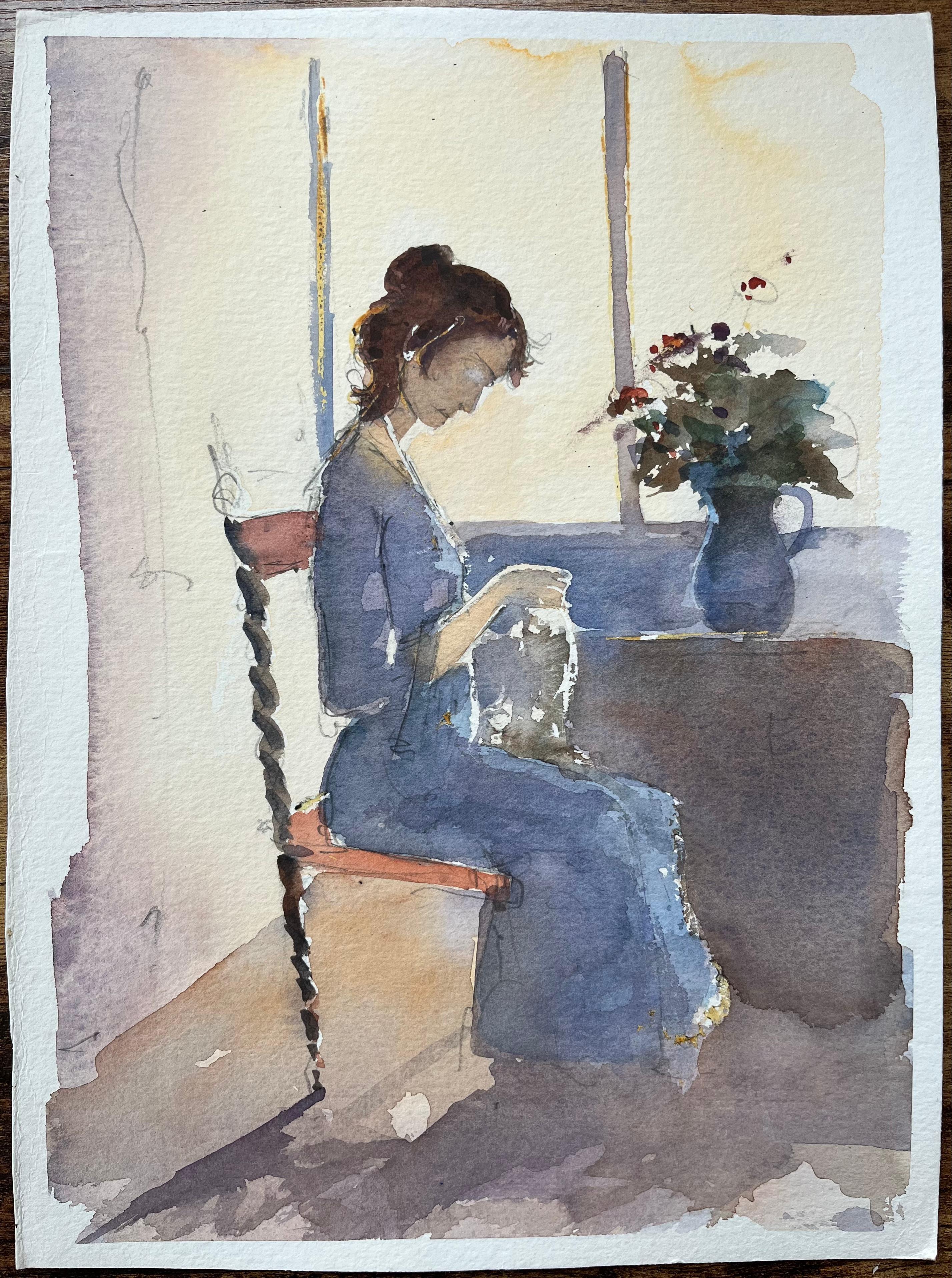 Aquarelle britannique d'une femme cousant près d'une fenêtre éclairée par le soleil - Painting de Anthony Avery