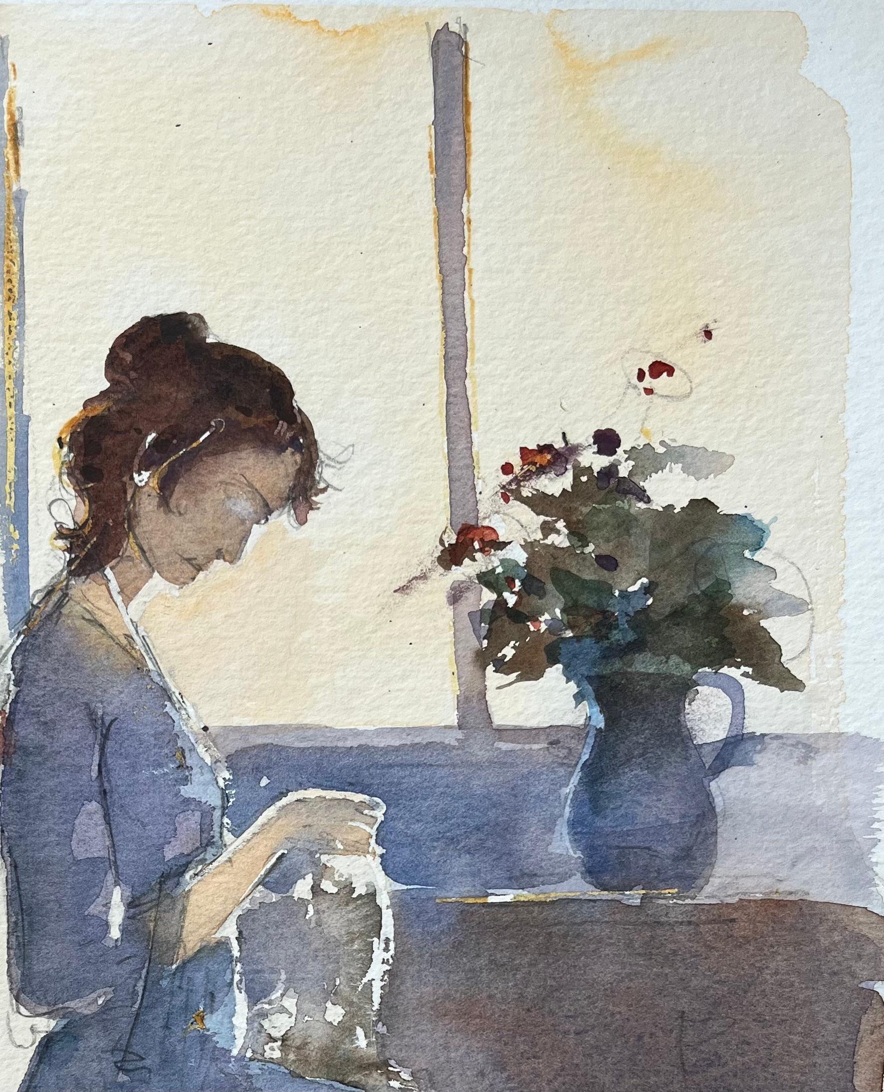 Aquarelle britannique d'une femme cousant près d'une fenêtre éclairée par le soleil - Impressionnisme Painting par Anthony Avery