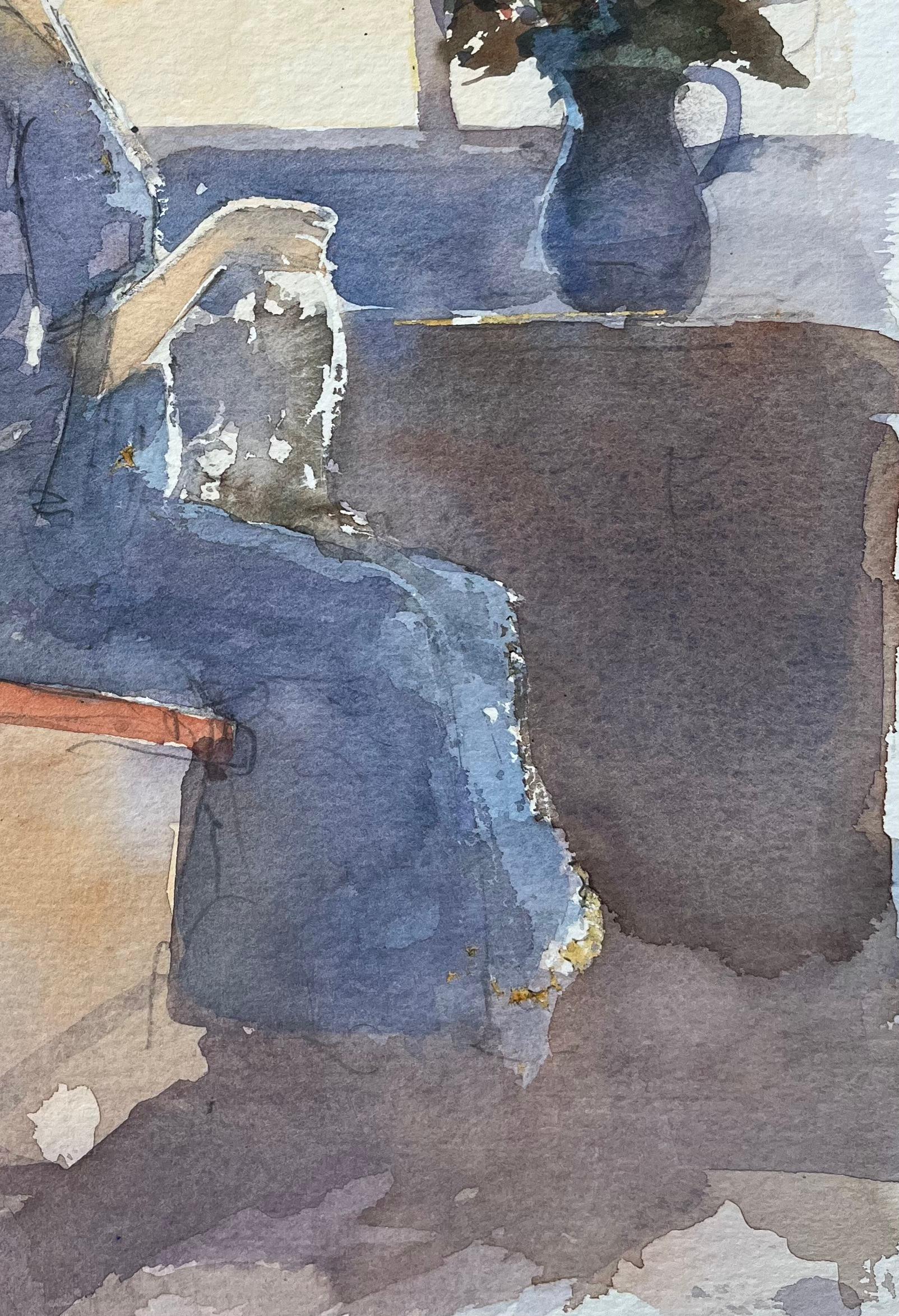 Aquarelle britannique d'une femme cousant près d'une fenêtre éclairée par le soleil - Gris Landscape Painting par Anthony Avery