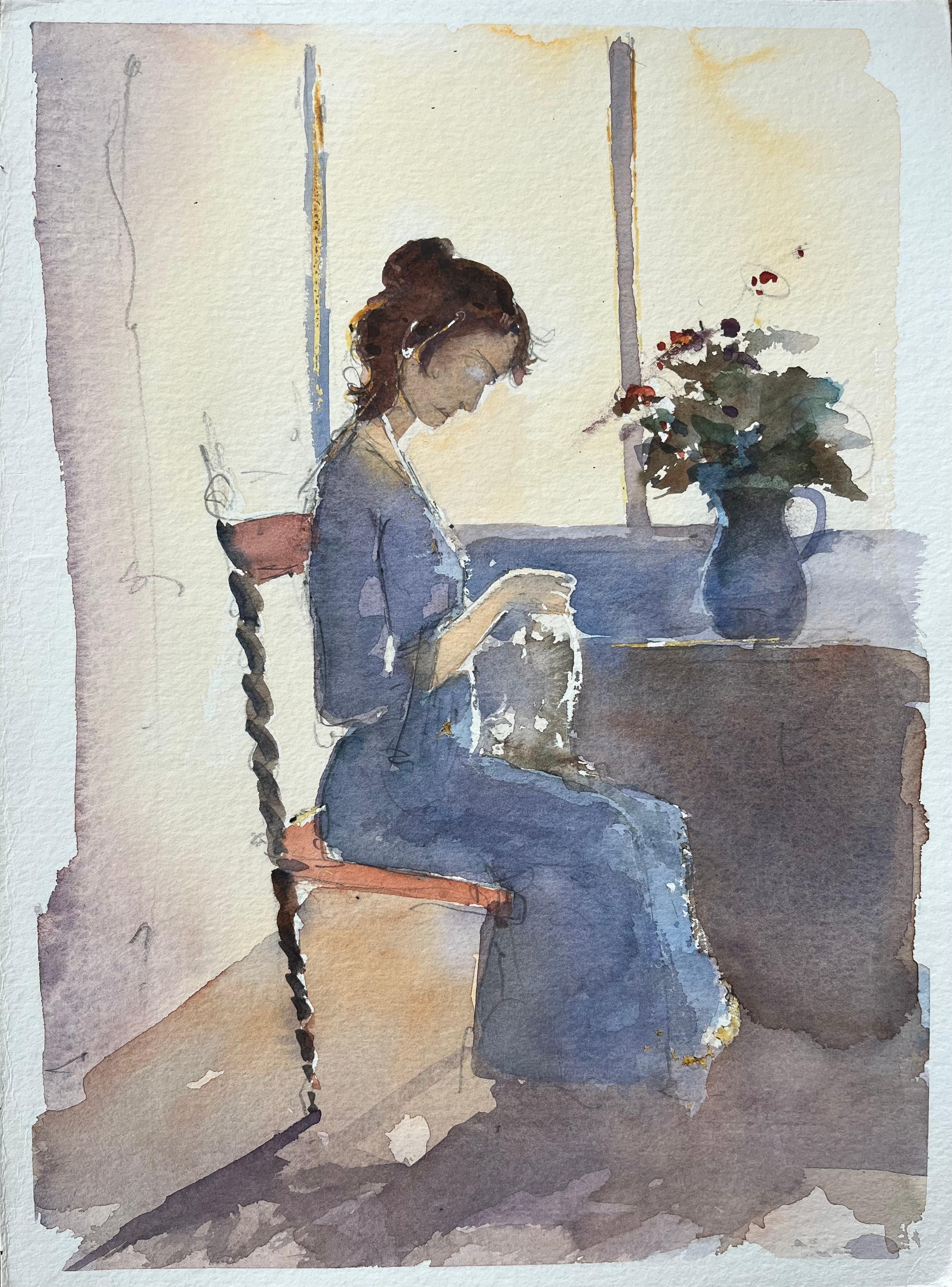 Britisches Aquarell einer Frau, die an einem sonnenbeschienenen Window näht