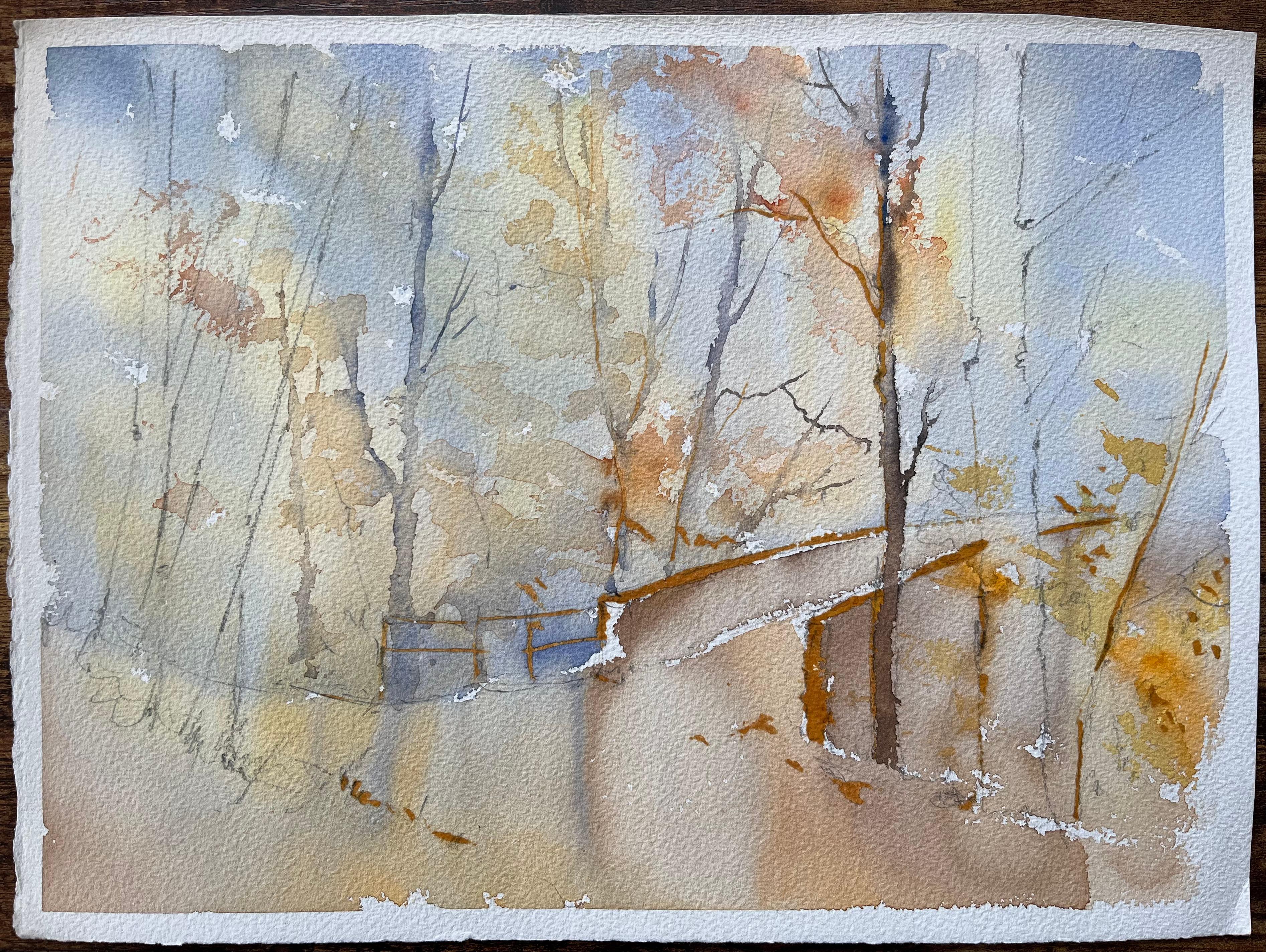 Britisches Aquarell eines Waldpfads, der zu einer Brücke führt, im Herbst – Painting von Anthony Avery
