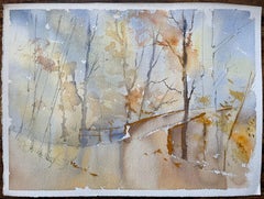British Watercolor of a Woodland Path Leading to a Bridge in Autumn