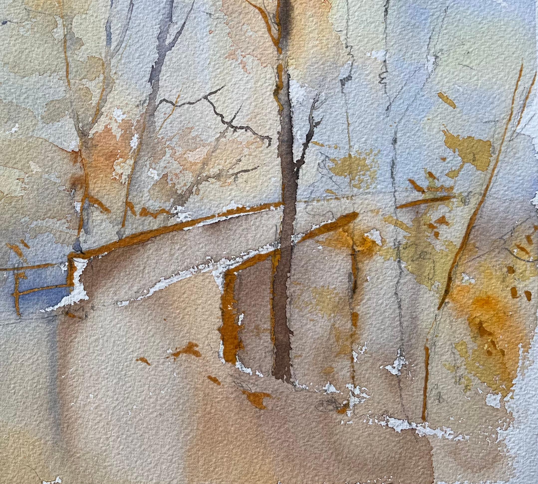 Britisches Aquarell eines Waldpfads, der zu einer Brücke führt, im Herbst (Impressionismus), Painting, von Anthony Avery