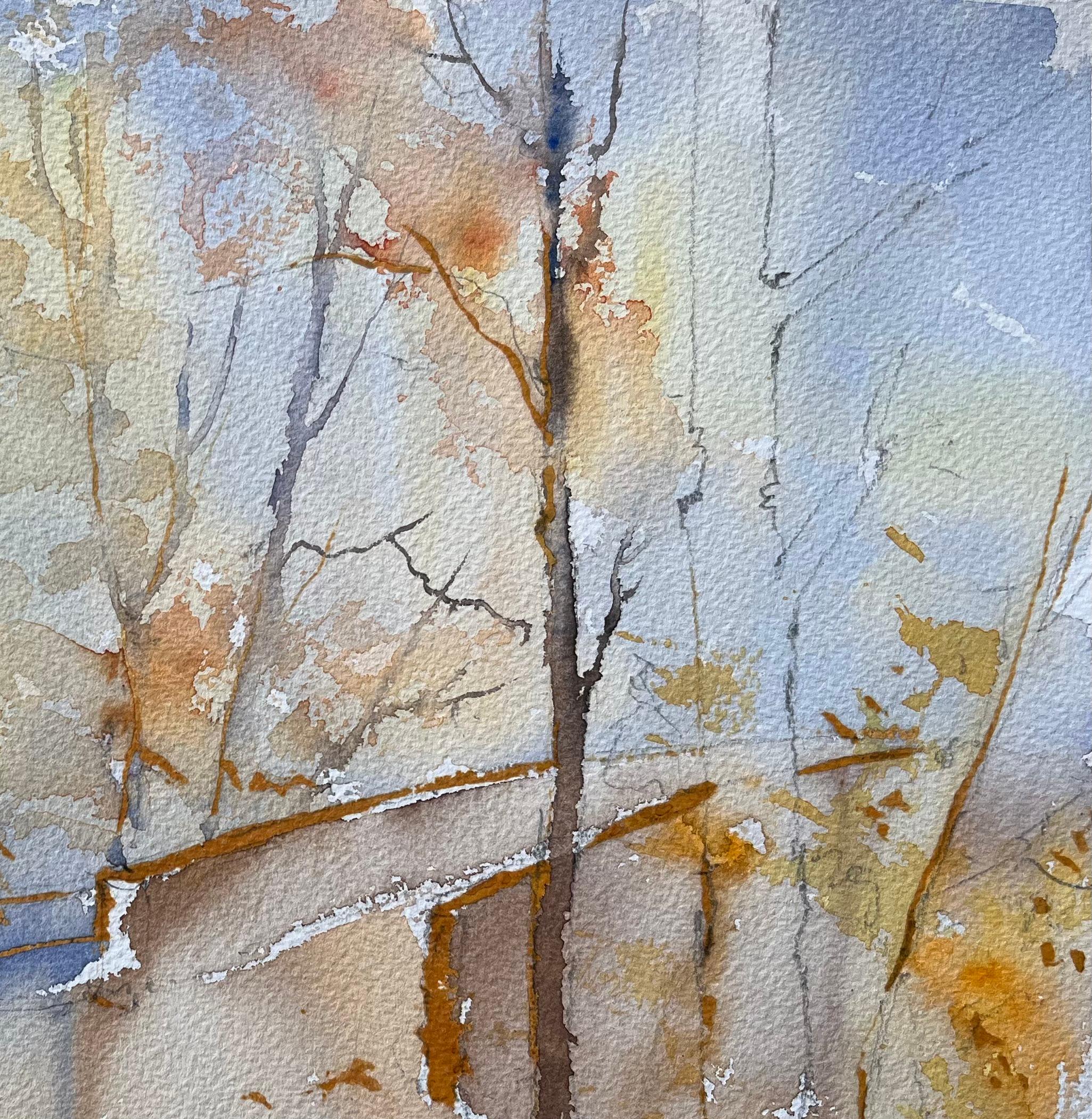 Britisches Aquarell eines Waldpfads, der zu einer Brücke führt, im Herbst (Grau), Landscape Painting, von Anthony Avery