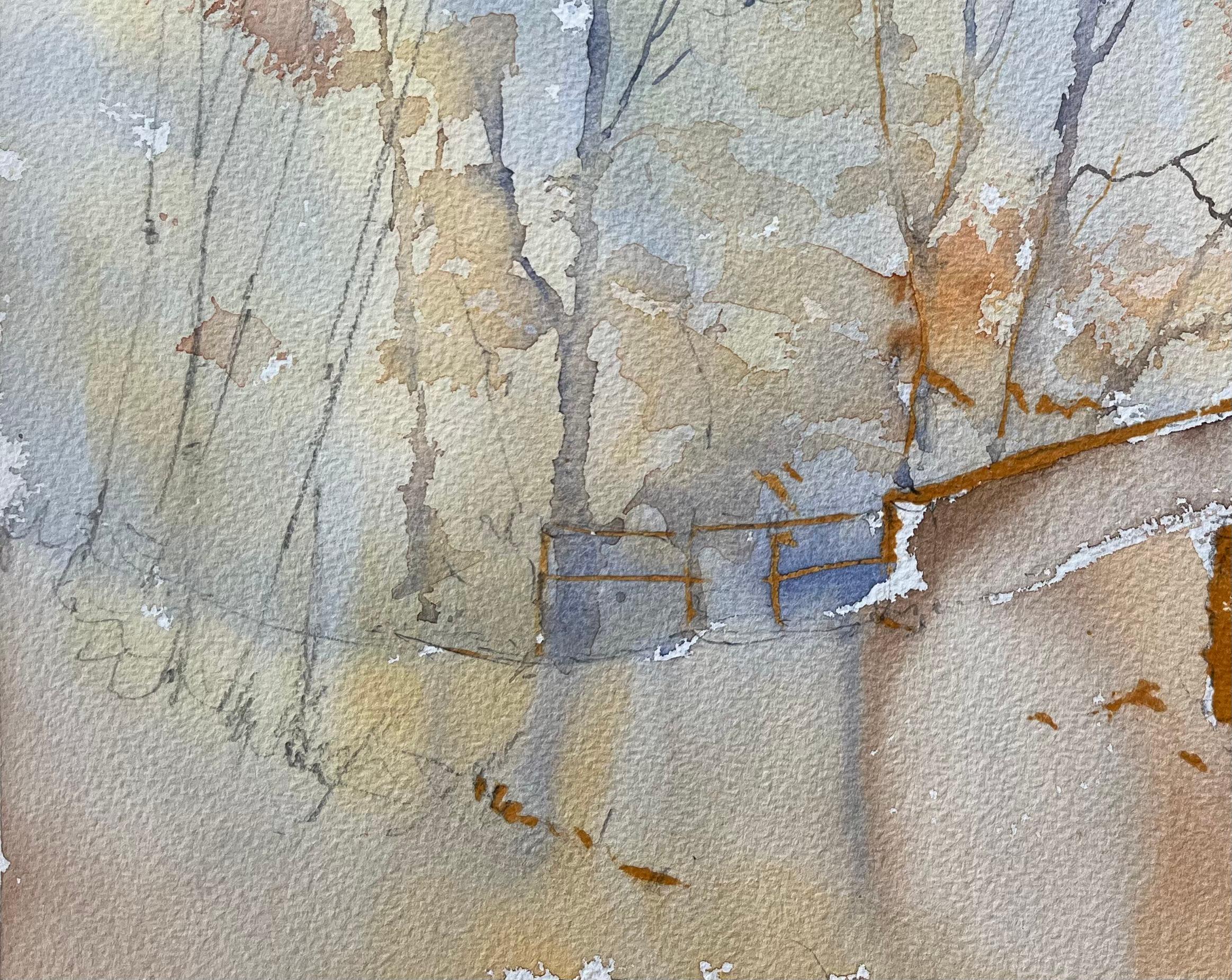 Titel: Britisches Aquarell eines Waldweges, der im Herbst zu einer Brücke führt
Von Anthony Avery (Brite 1946-2023)
Original-Aquarell auf Künstlerpapier, ungerahmt
Abmessungen: 11,25 x 15 Zoll (Höhe x Breite)
Zustand: Gut, mit leichten