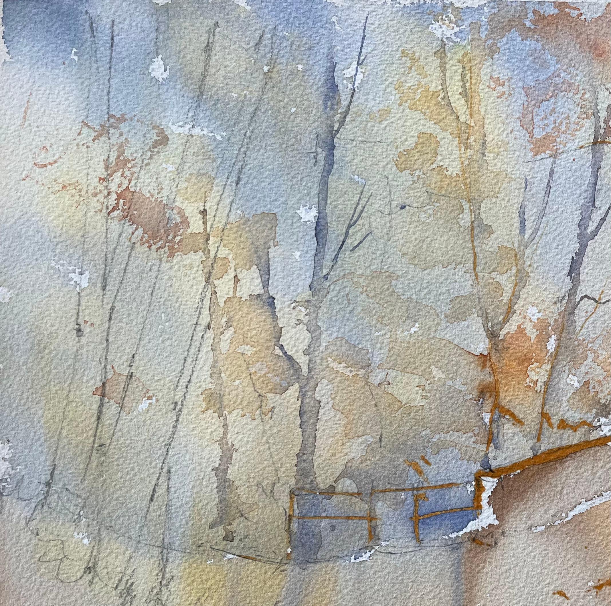 Britisches Aquarell eines Waldpfads, der zu einer Brücke führt, im Herbst im Angebot 1