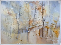 Britisches Aquarell eines Waldpfads, der zu einer Brücke führt, im Herbst