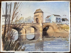British Watercolor of an Arched Stone Bridge Over a River