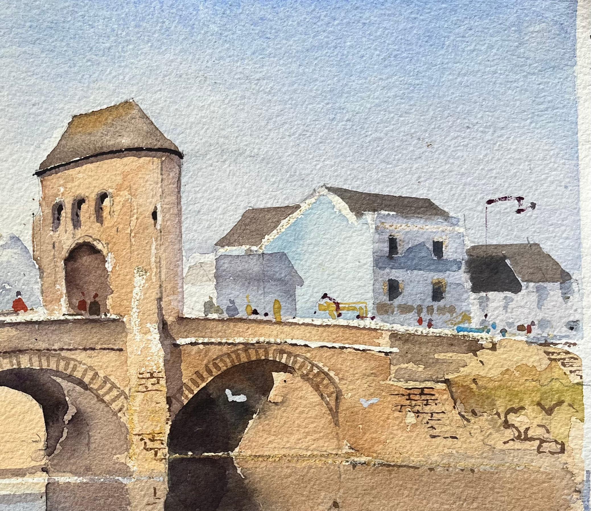 British Watercolor of an Arched Stone Bridge Over a River - Impressionist Painting by Anthony Avery