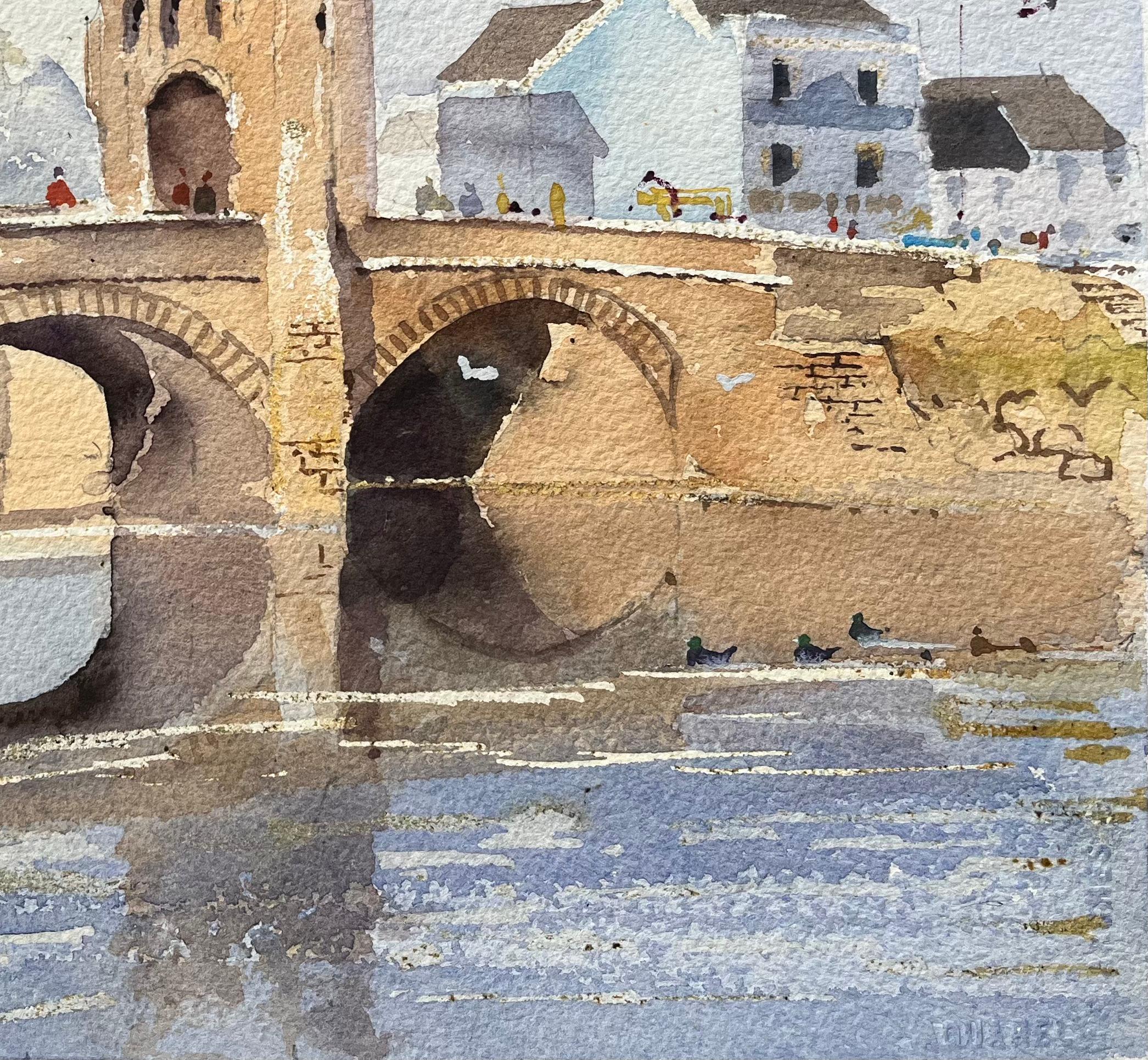 British Watercolor of an Arched Stone Bridge Over a River - Gray Landscape Painting by Anthony Avery