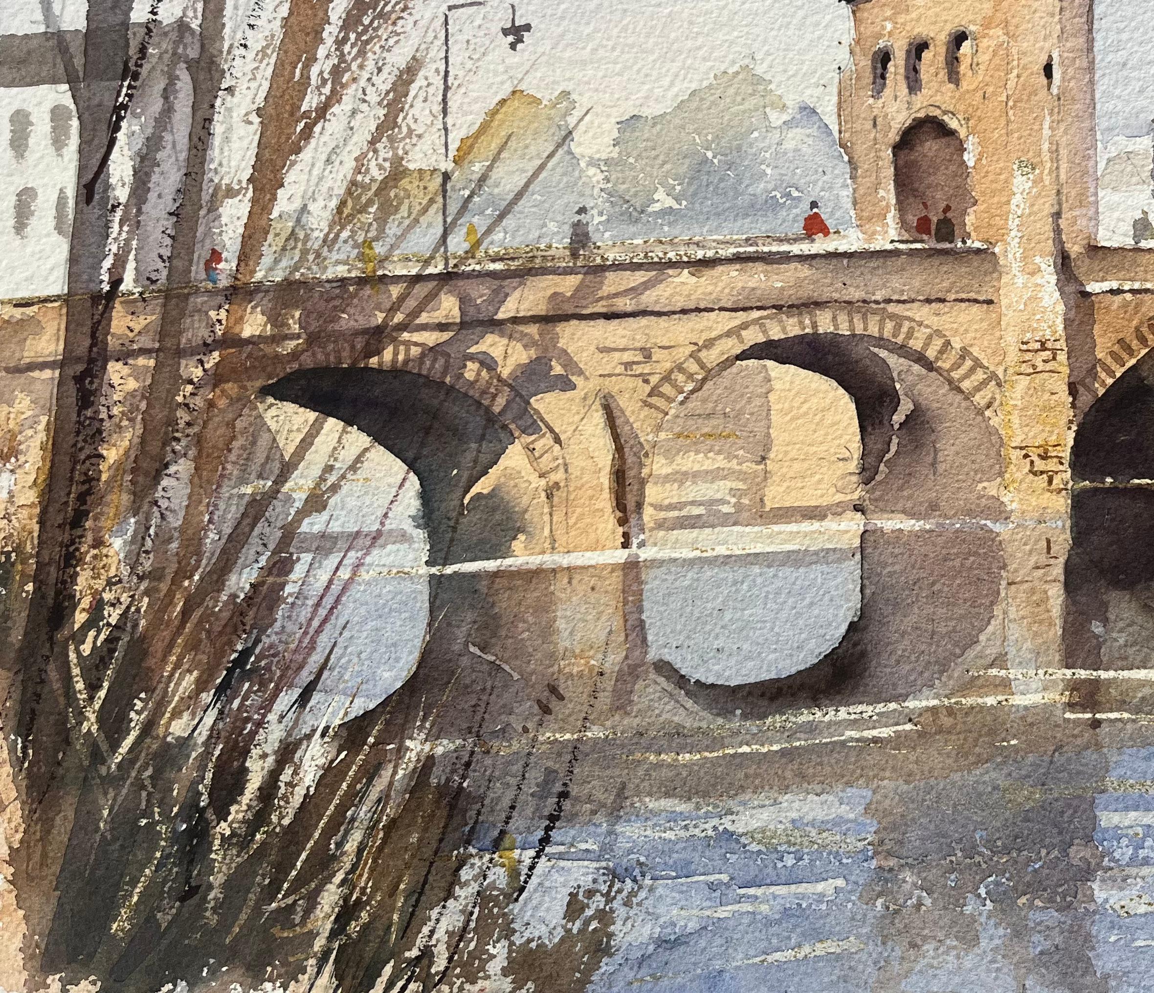 Title: British Watercolor of an Arched Stone Bridge Over a River
By Anthony Avery (British 1946-2023)
Original watercolor on artists paper, unframed
Dimensions: 11 x 15.25 inches (Height x Width)
Condition: Good, with some minor signs of