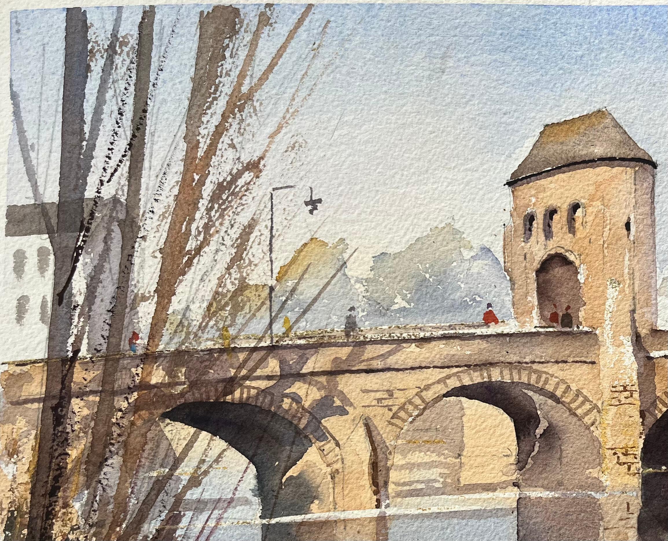 British Watercolor of an Arched Stone Bridge Over a River For Sale 1