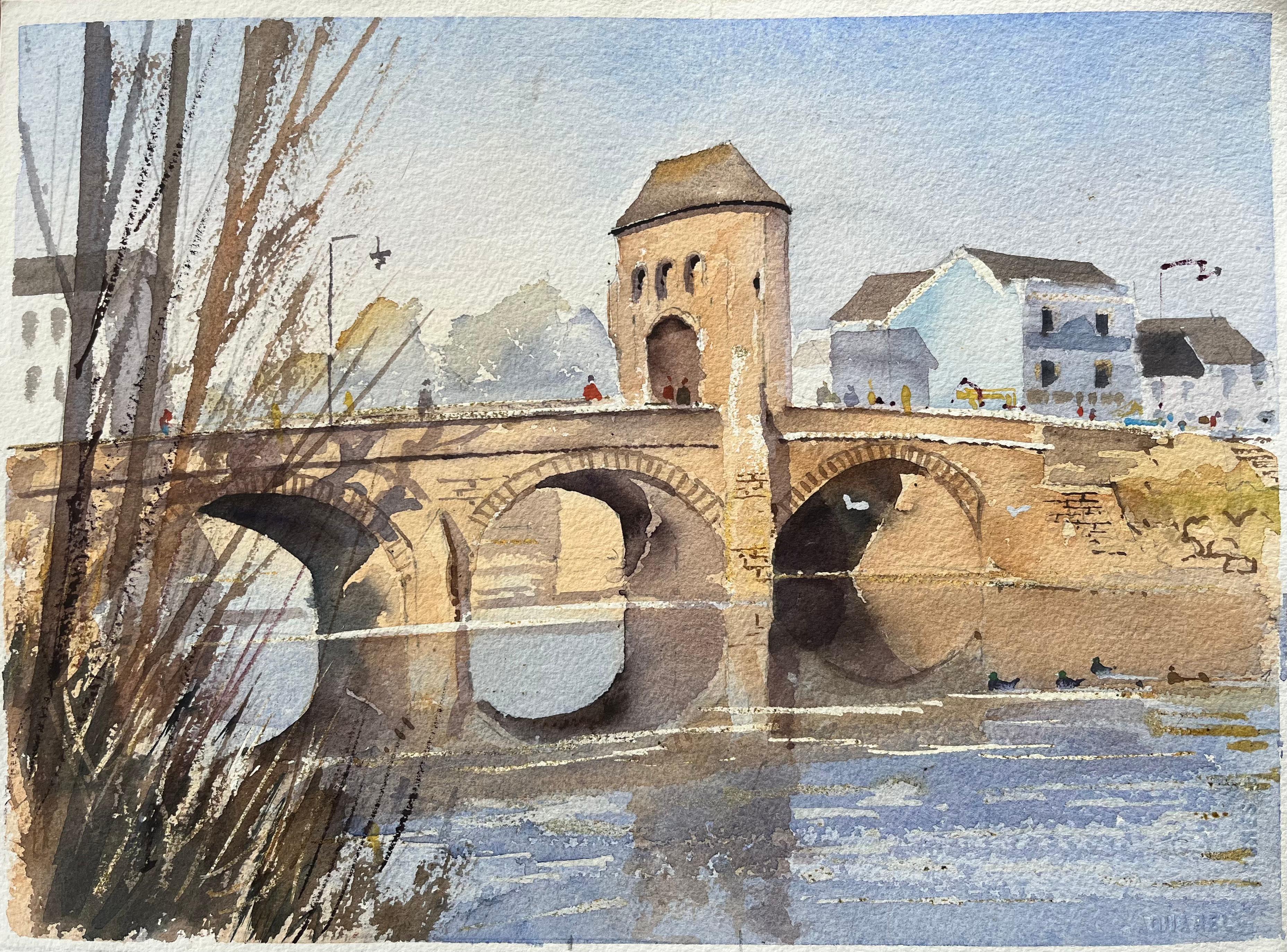 Anthony Avery Landscape Painting - British Watercolor of an Arched Stone Bridge Over a River