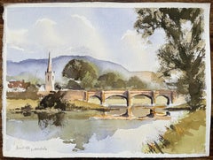 Acuarela británica de Arncliffe, Littondale con puente e iglesia