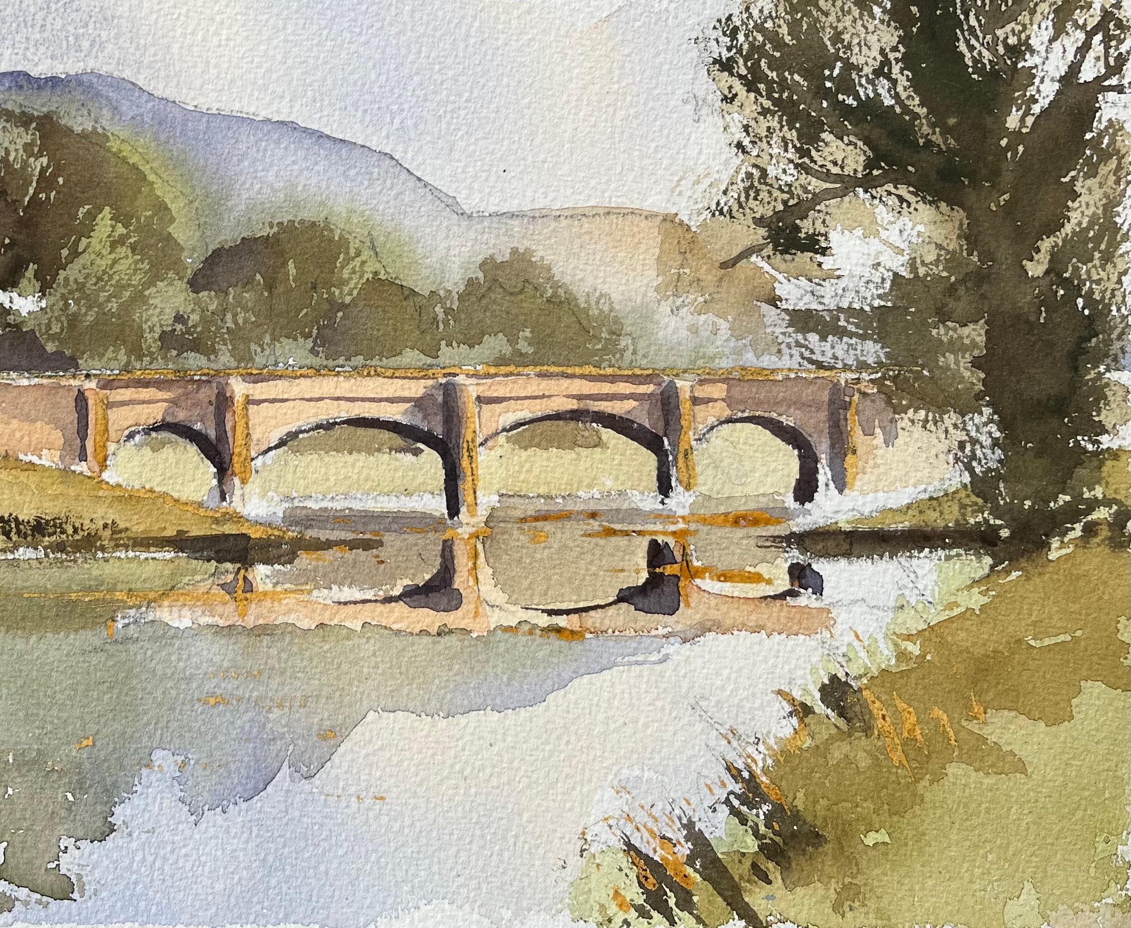 Aquarelle britannique d'Arncliffe, Littondale avec pont et église - Impressionnisme Painting par Anthony Avery