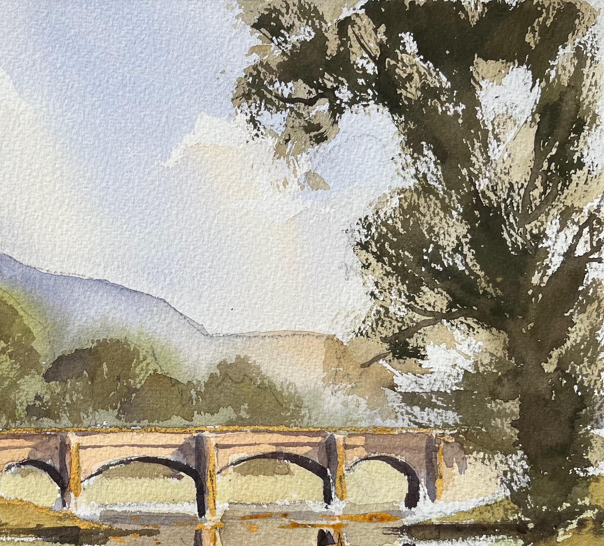 Aquarelle britannique d'Arncliffe, Littondale avec pont et église - Gris Landscape Painting par Anthony Avery