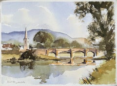 British Watercolor of Arncliffe, Littondale with Bridge and Church