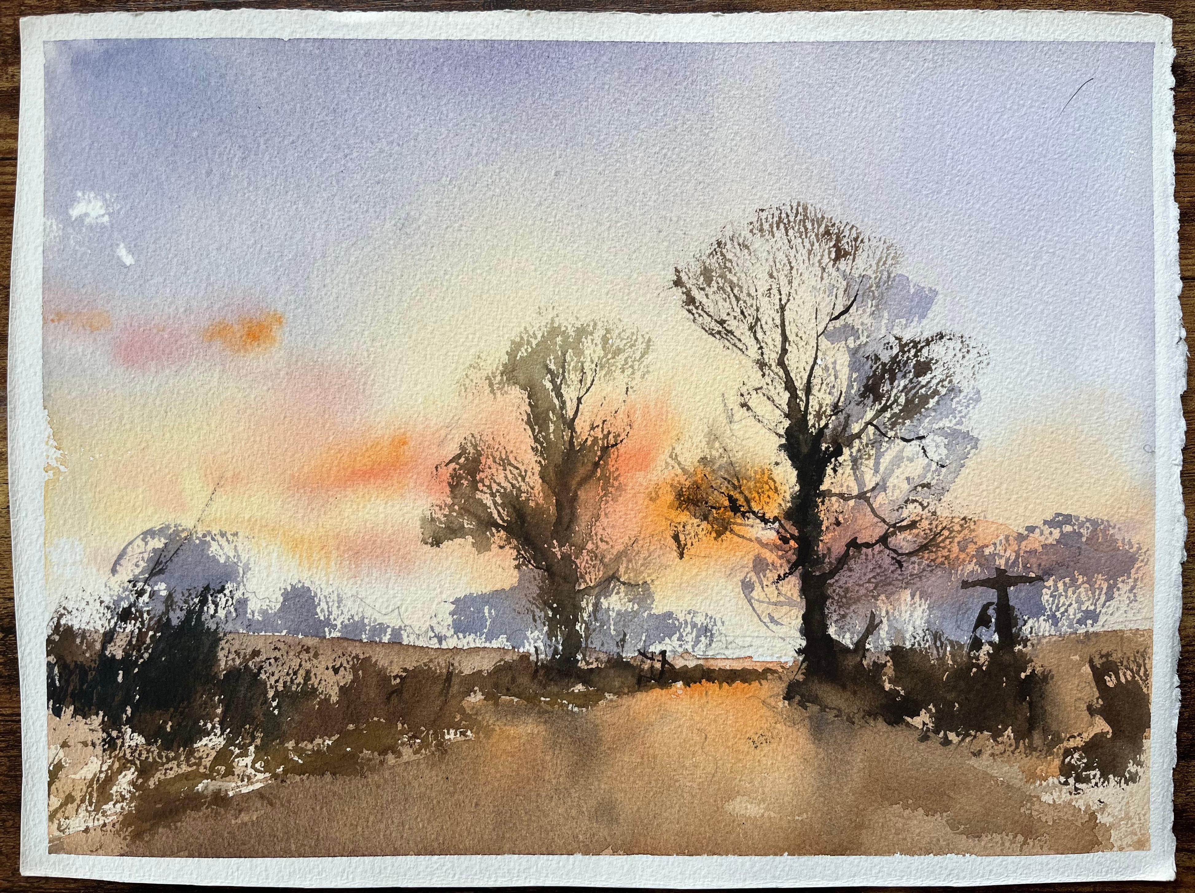 Aquarelle britannique d'une route de campagne au coucher du soleil - Painting de Anthony Avery