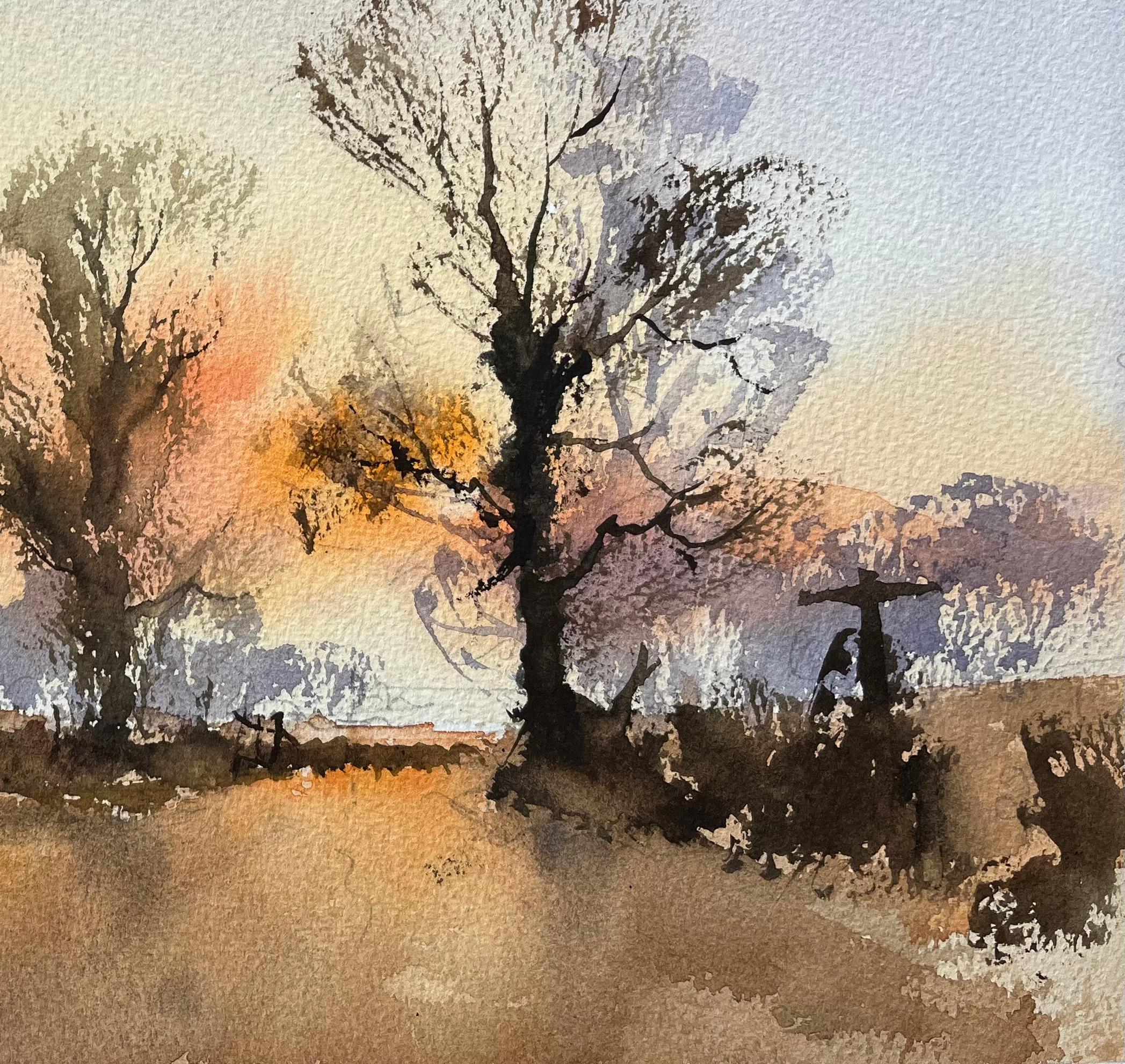 Aquarelle britannique d'une route de campagne au coucher du soleil - Impressionnisme Painting par Anthony Avery