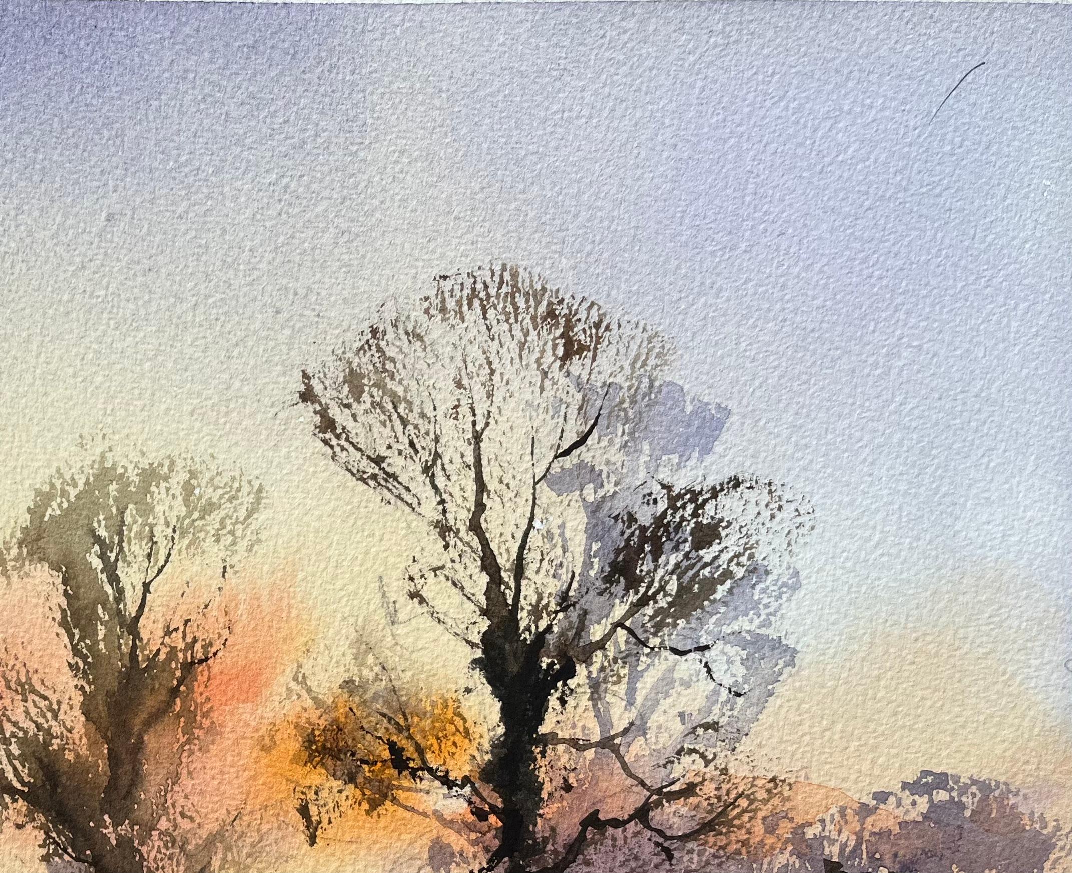Aquarelle britannique d'une route de campagne au coucher du soleil - Gris Landscape Painting par Anthony Avery