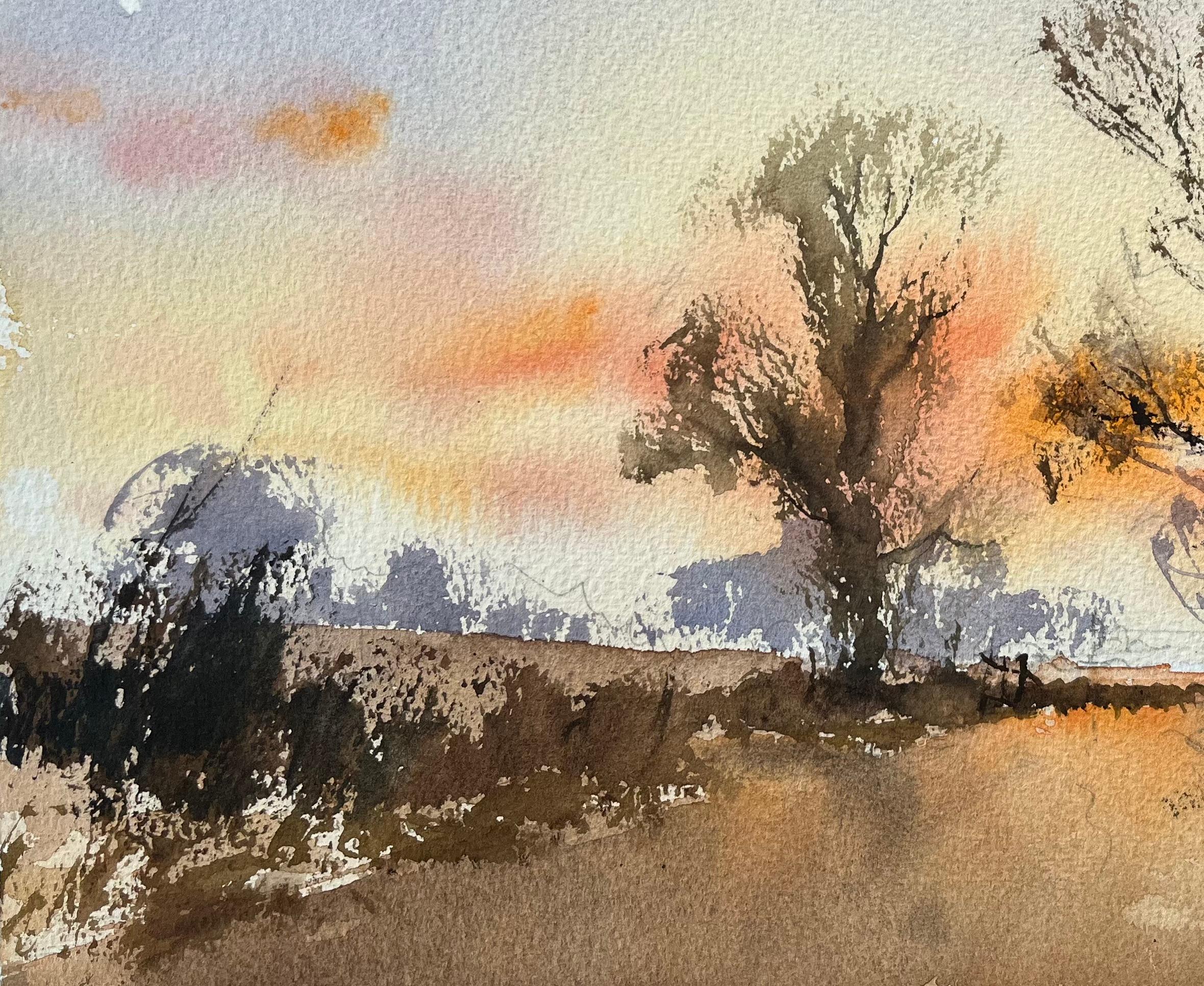 Titre : Aquarelle britannique d'une route de campagne au coucher du soleil
Par Anthony Avery (britannique 1946-2023)
Aquarelle originale sur papier d'artiste, non encadrée
Dimensions : 11.25 x 15.25 pouces (Hauteur x Largeur)
Condit : Bon, avec