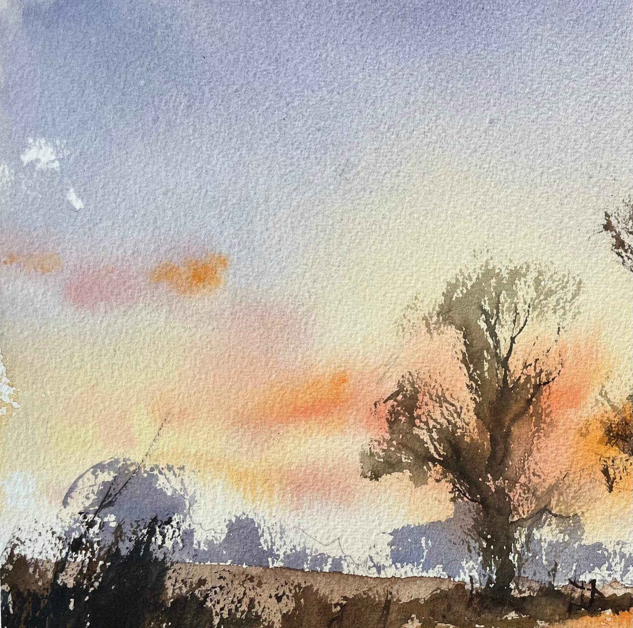 Aquarelle britannique d'une route de campagne au coucher du soleil en vente 1