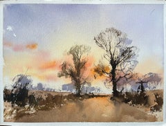 Britisches Aquarell der Landstraße bei Sonnenuntergang