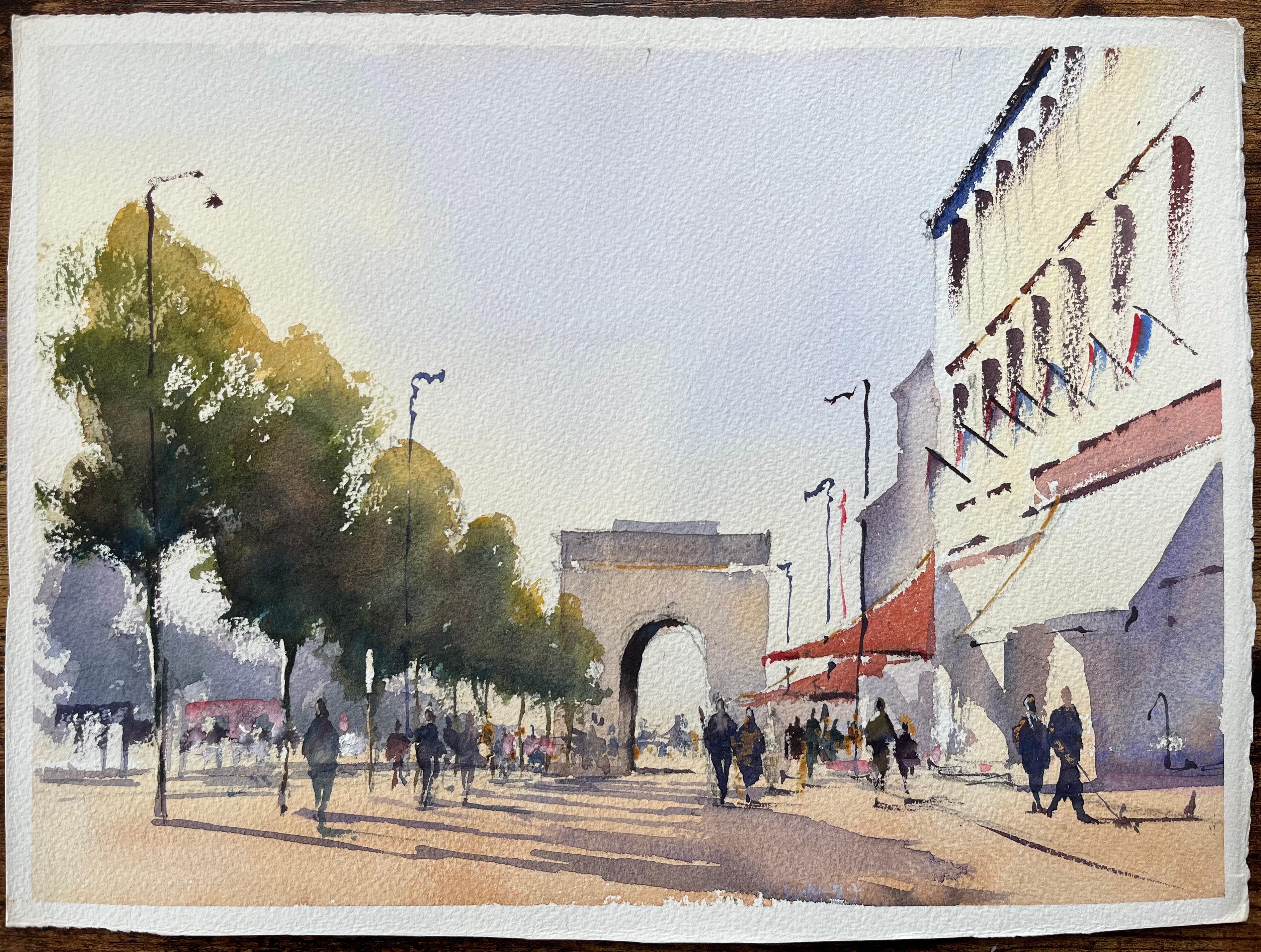 British Watercolor of Figures Walking Down Boulevard Near Arc de Triomphe, Paris - Painting by Anthony Avery
