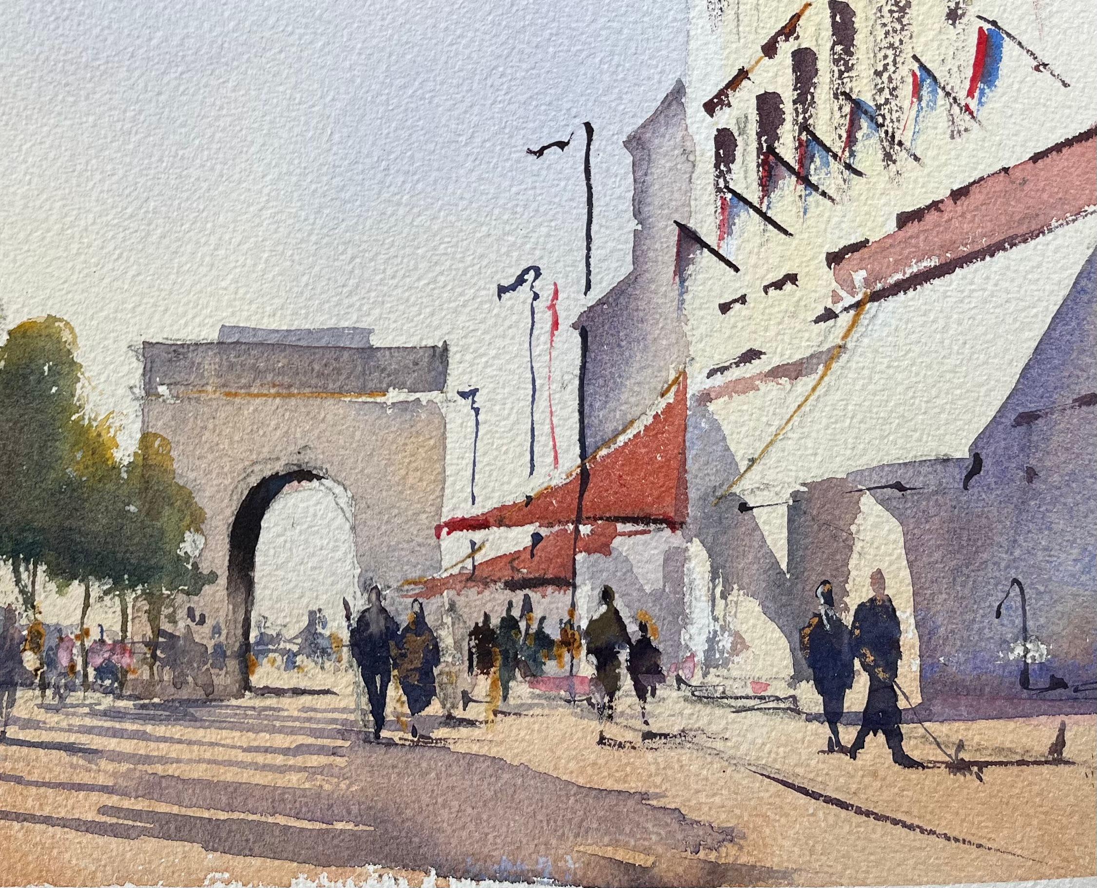 British Watercolor of Figures Walking Down Boulevard Near Arc de Triomphe, Paris - Impressionist Painting by Anthony Avery