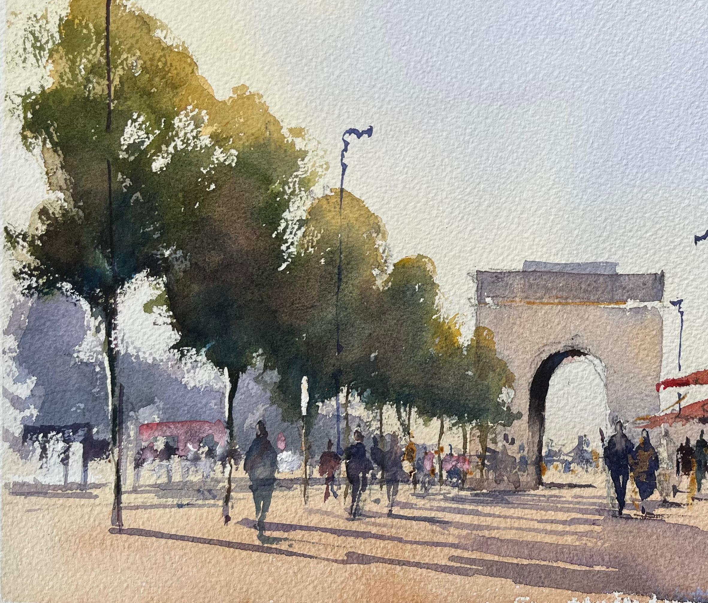 British Watercolor of Figures Walking Down Boulevard Near Arc de Triomphe, Paris - Gray Landscape Painting by Anthony Avery