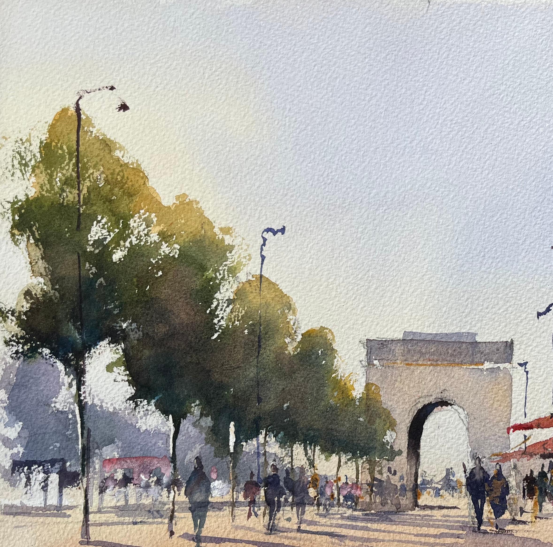 British Watercolor of Figures Walking Down Boulevard Near Arc de Triomphe, Paris For Sale 1